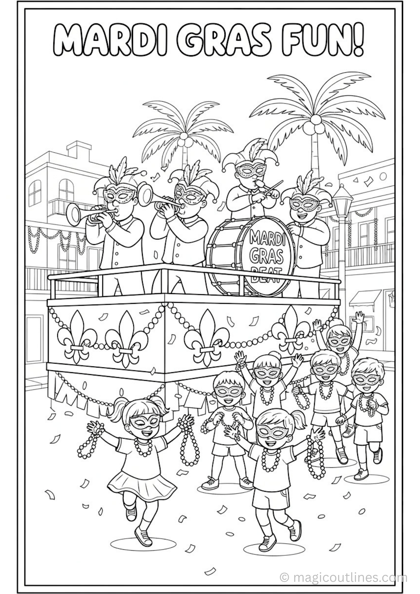 Mardi Gras coloring page for kids printable with parade, masks and beads