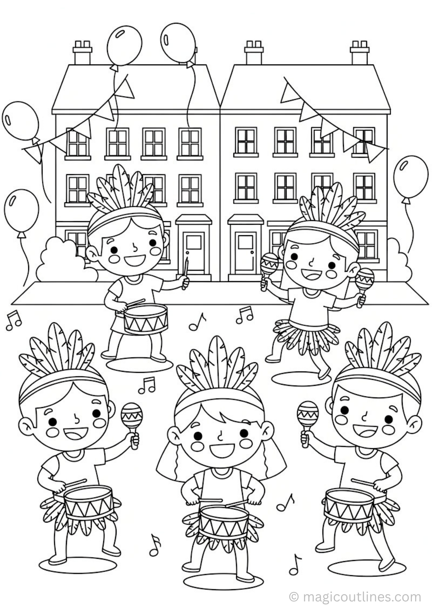 Notting Hill Carnival coloring page kids dancing drums costumes