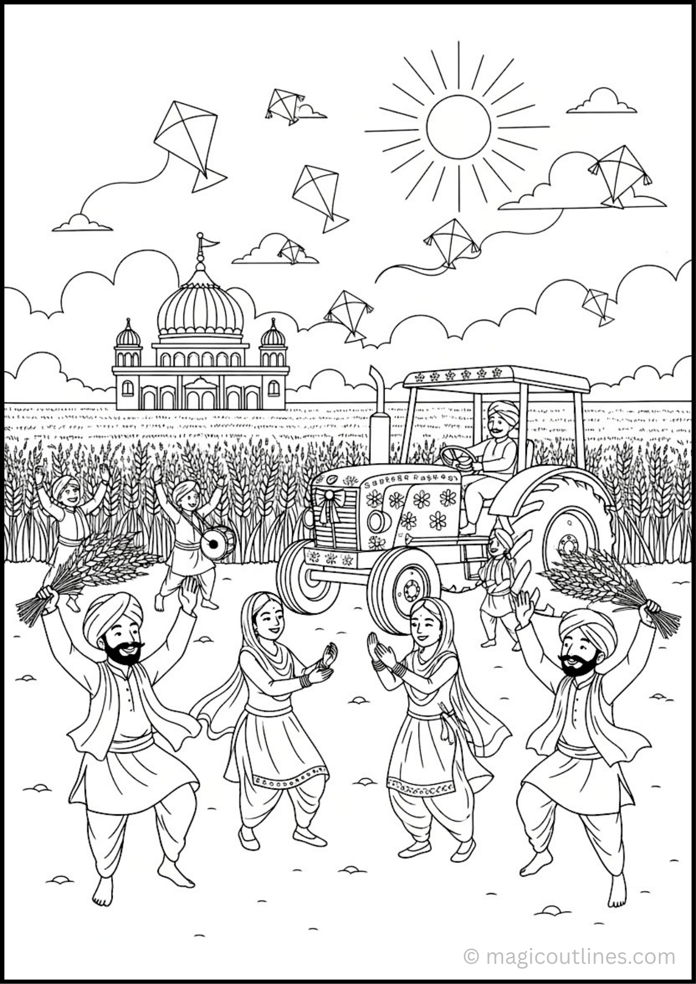 Baisakhi Festival Coloring Page with wheat fields, tractor, traditional dancers, kites, and gurdwara