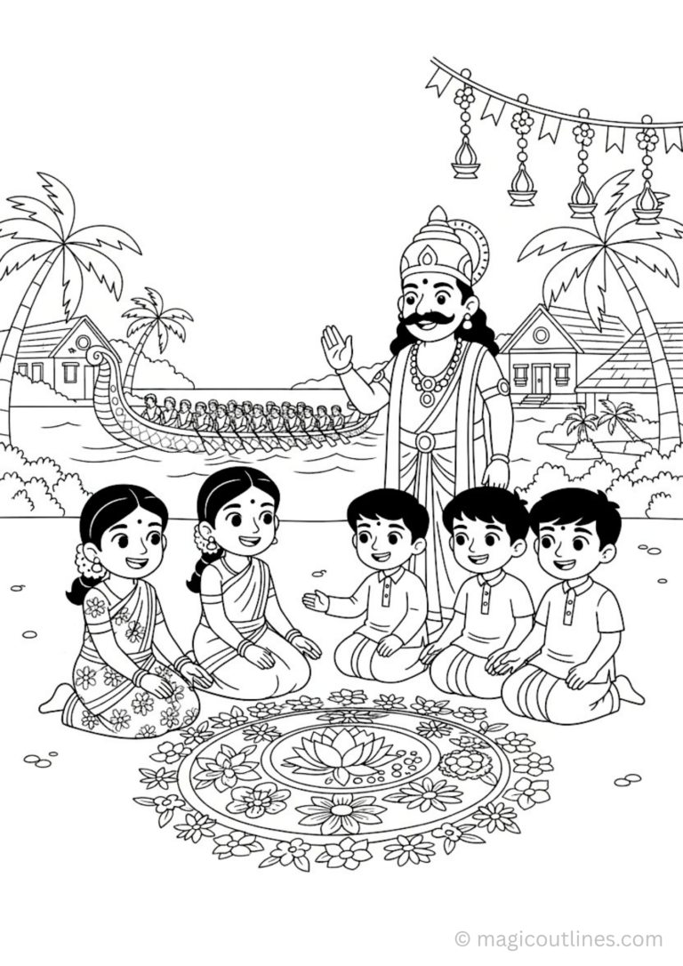 Onam coloring page for kids with King Mahabali boat race and pookalam