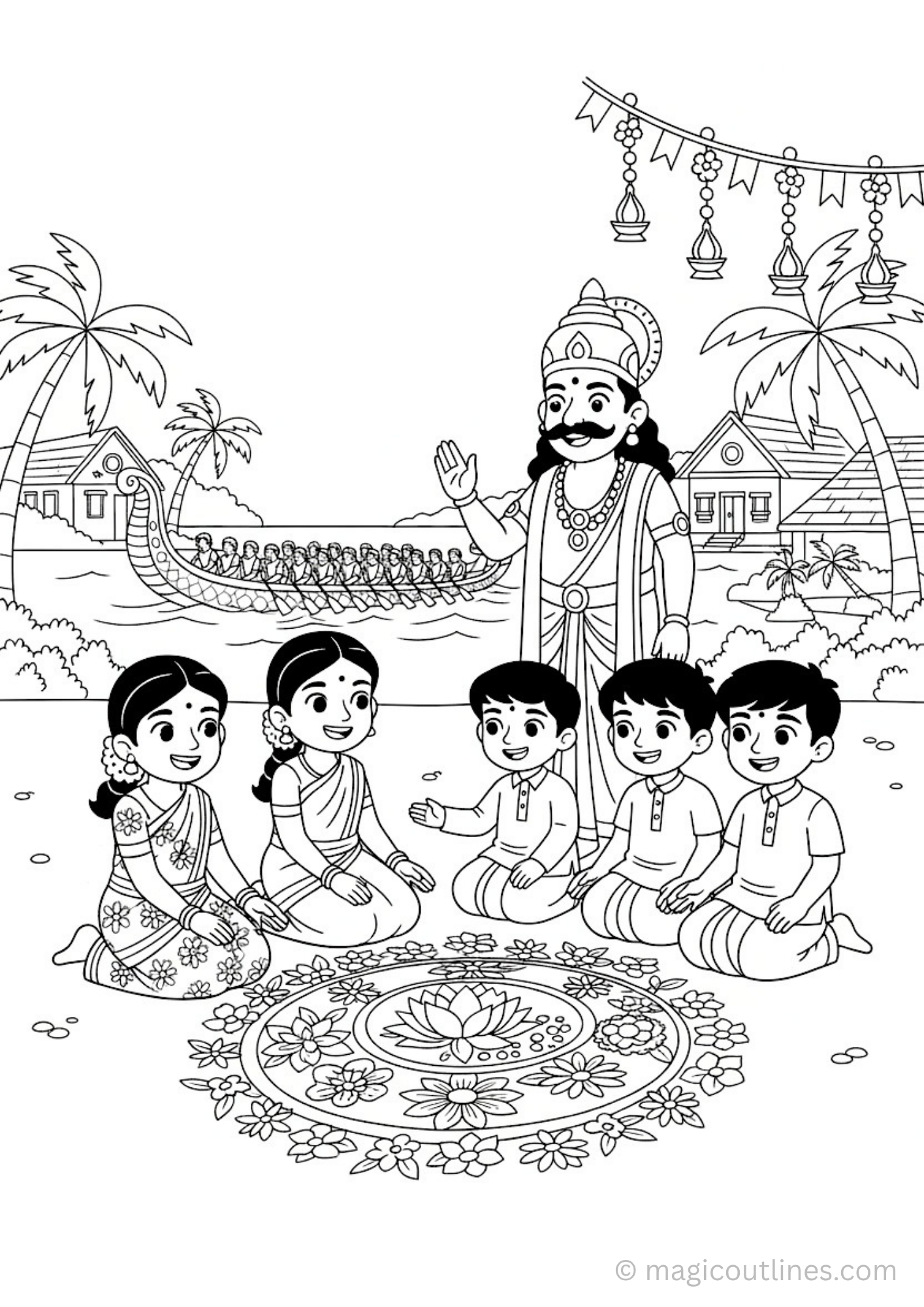 Onam coloring page for kids with King Mahabali boat race and pookalam