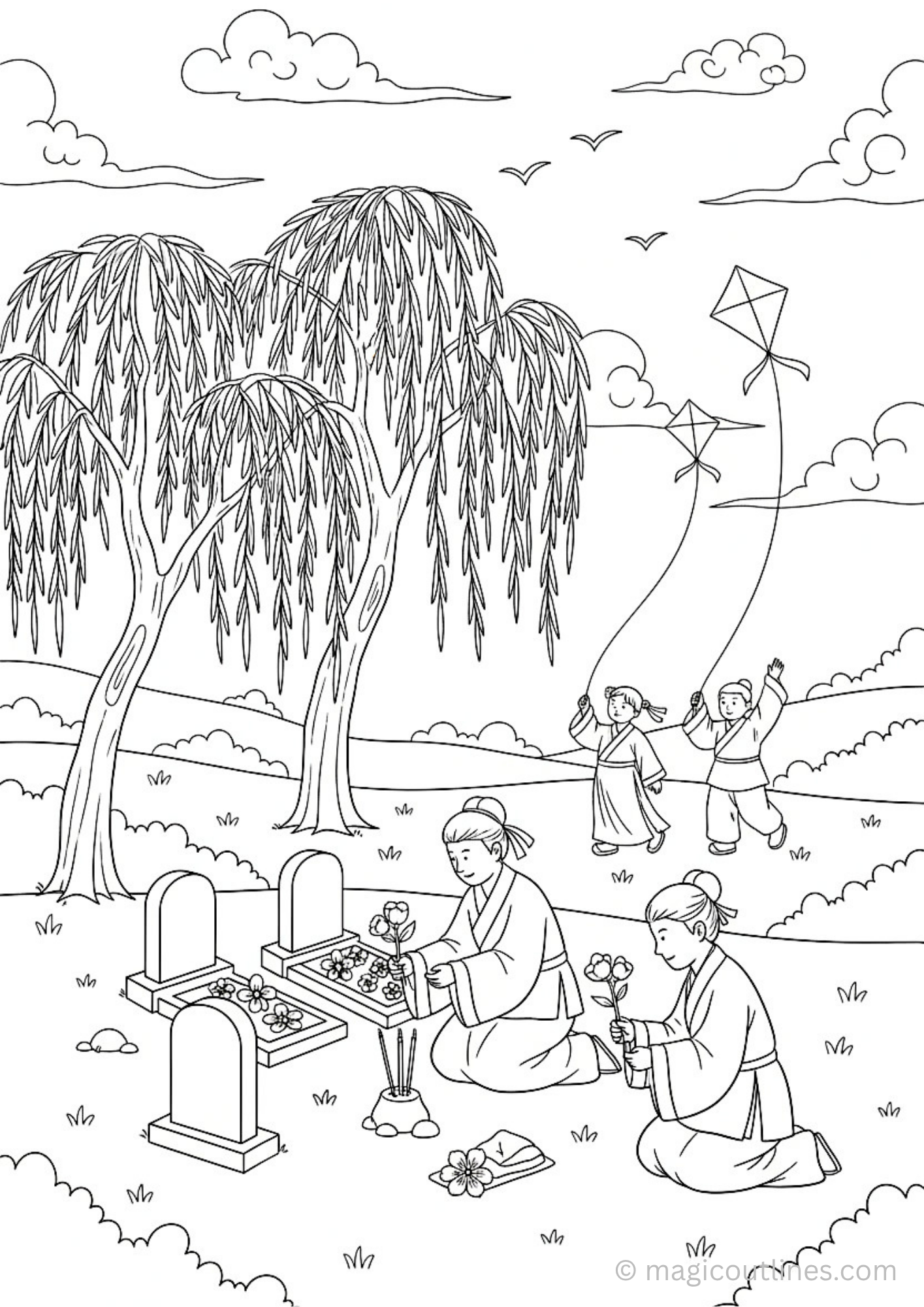 Qingming Festival coloring page tomb sweeping family kids printable
