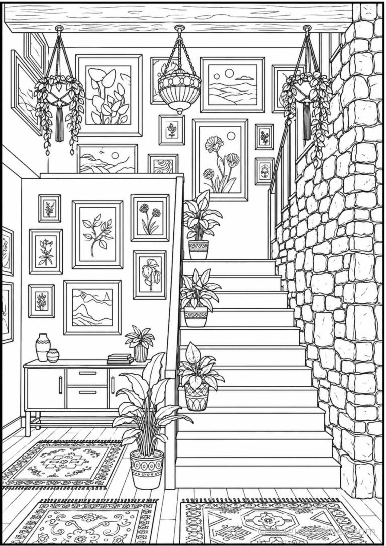 Beautiful staircase coloring page featuring framed wall art, indoor plants, rugs, wooden stairs, and elegant home décor in a printable PDF.