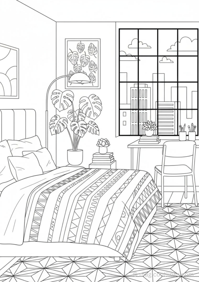 modern bedroom with city view coloring page with bed window desk plants