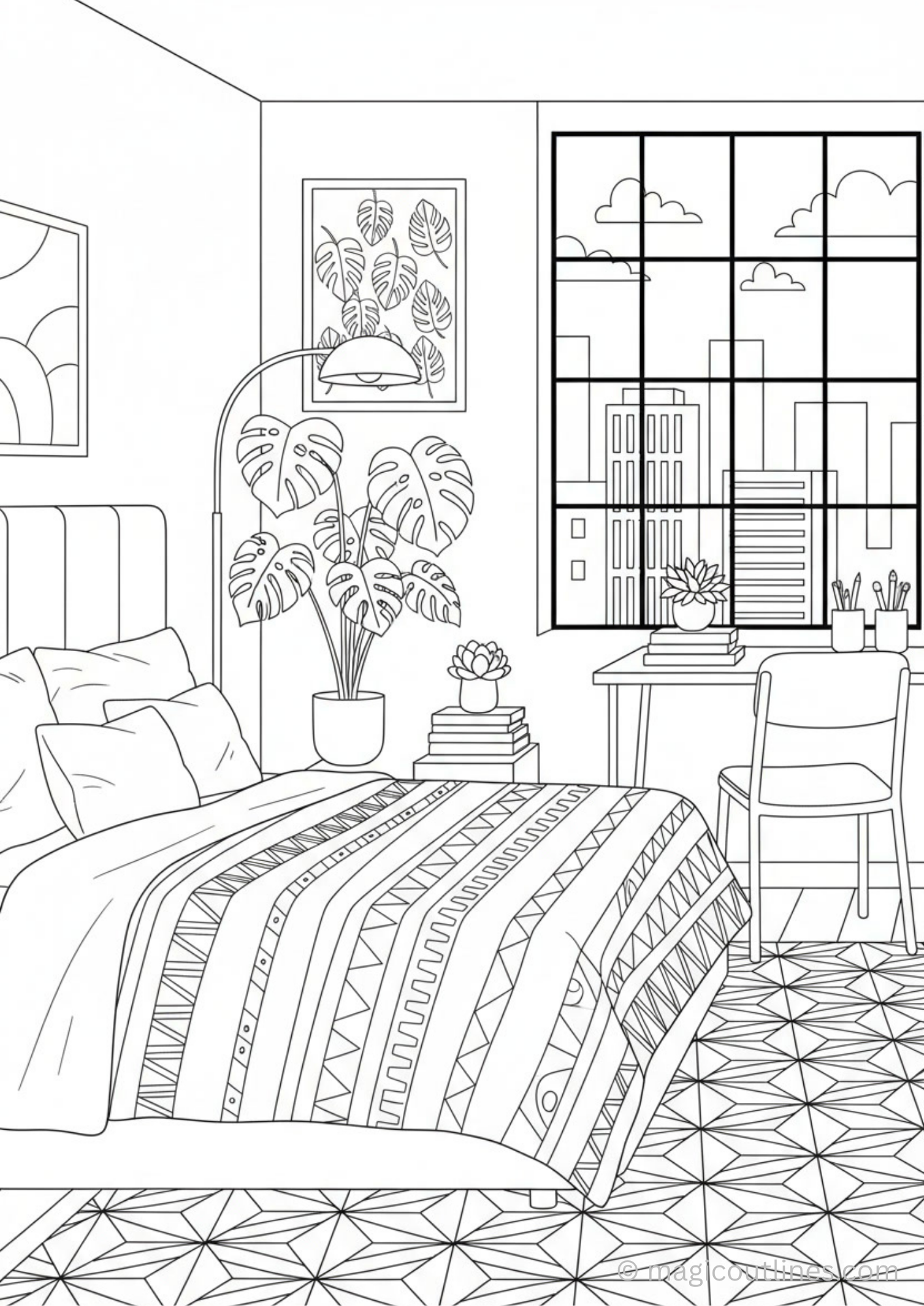 modern bedroom with city view coloring page with bed window desk plants