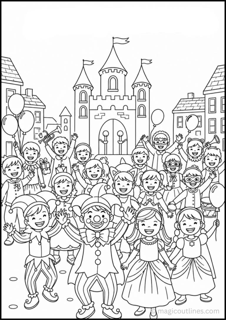 Carnival celebration coloring page with children in costumes, a cheerful jester, balloons, musical instruments, and a castle.