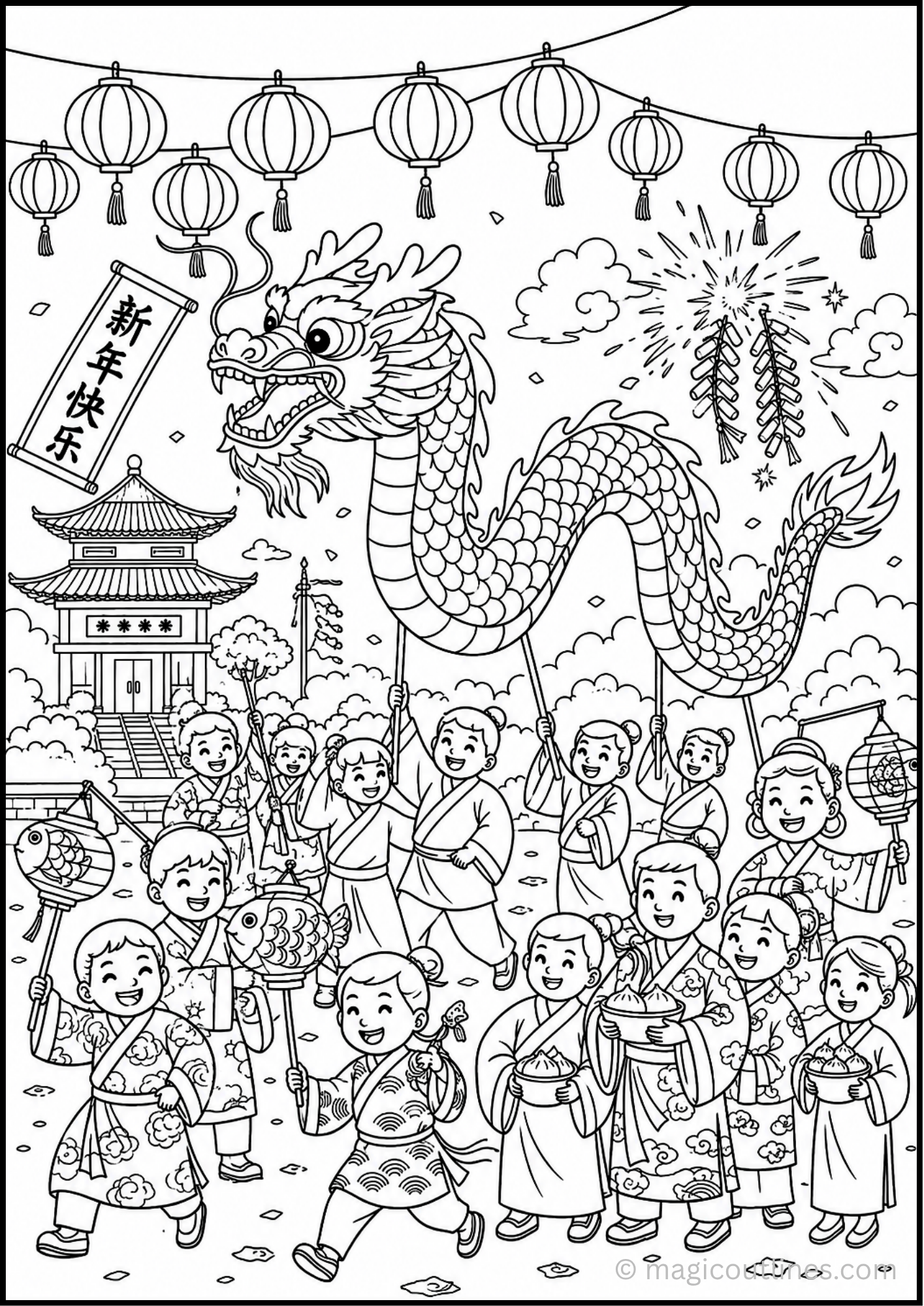 Chinese New Year Coloring Page (Free Printable PDF) featuring a traditional dragon parade, children carrying lanterns, a Chinese temple, fireworks, and festive decorations.
