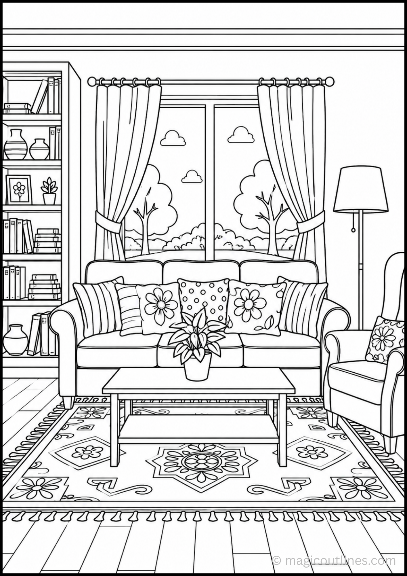 Cozy Living Room Coloring Page with bookshelf, reading chair, sleeping puppy, lamp, rug, and window.