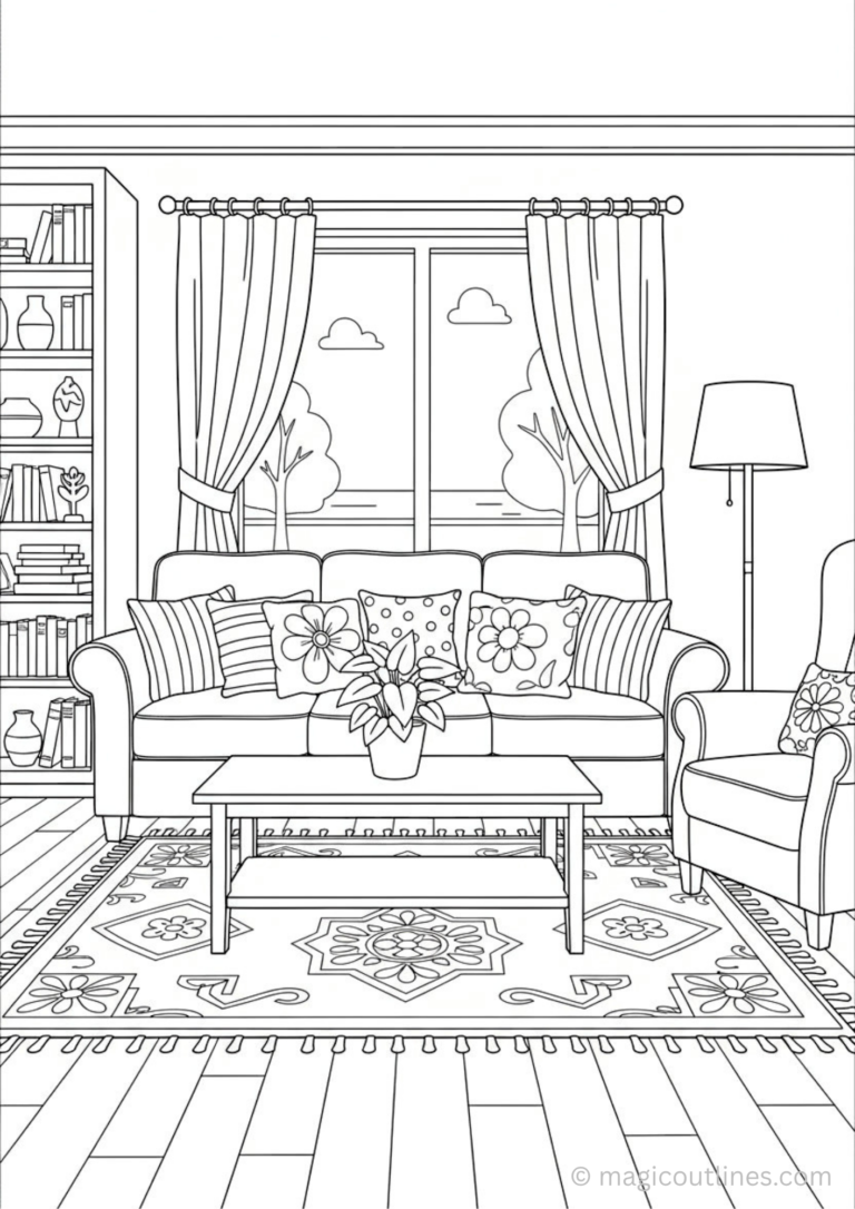 Cozy living room coloring page with sofa, window curtains, bookshelf and coffee table line art