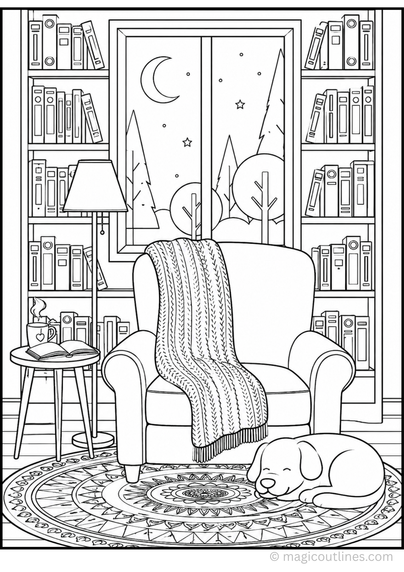 Cozy Reading Corner Coloring Page featuring a comfy armchair, bookshelf, reading table, sleeping puppy, and moonlit window.