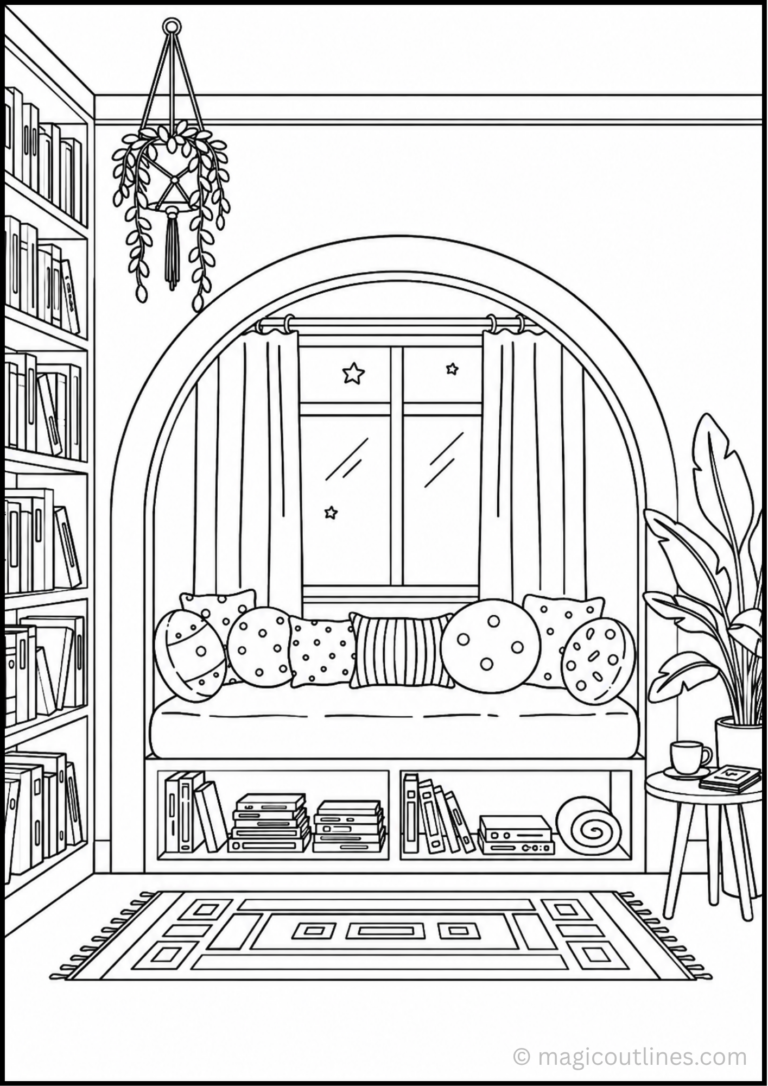 Cozy Reading Nook Coloring Page featuring an arched window seat, bookshelves, plants, and decorative pillows.