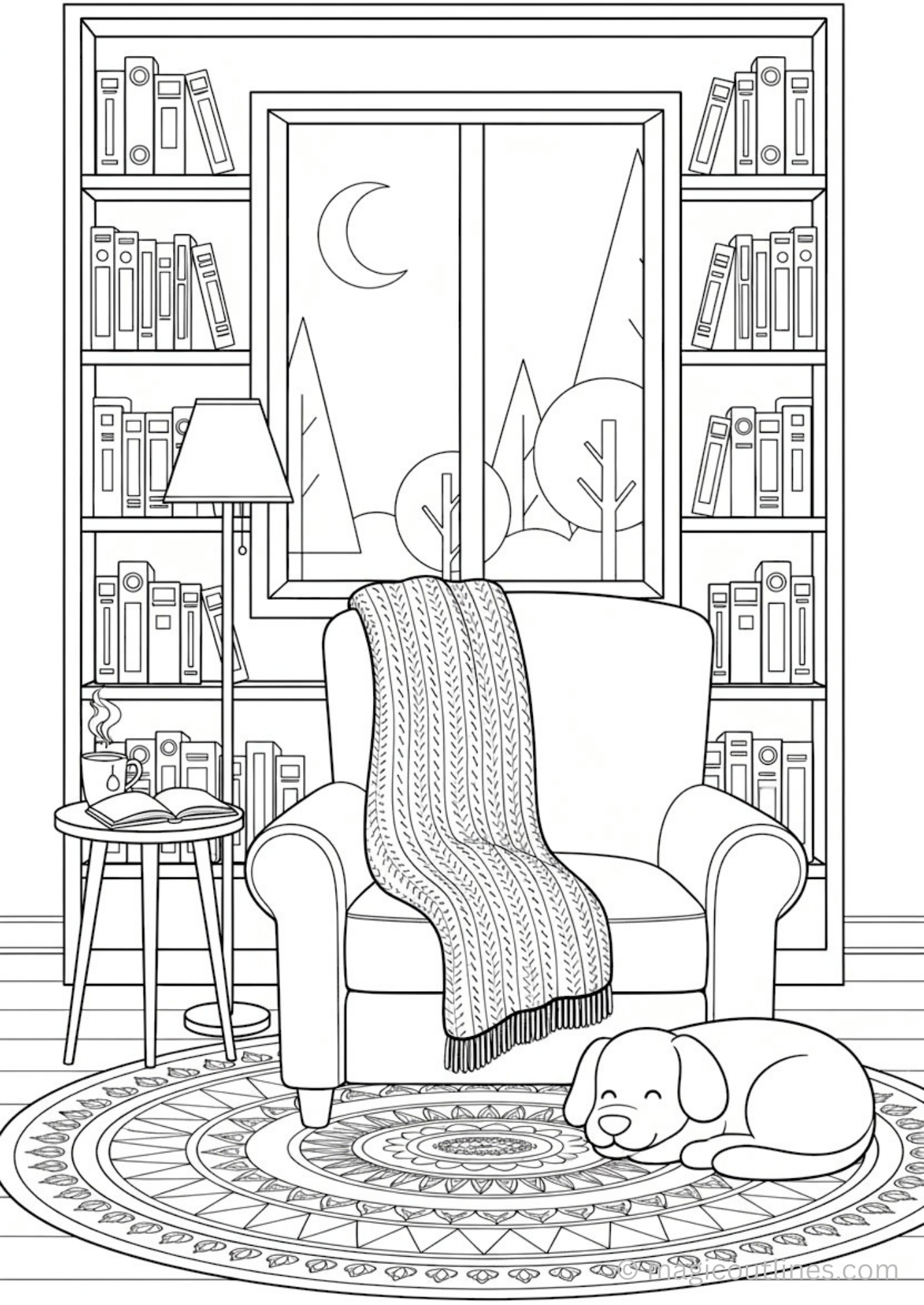 cozy reading nook coloring page with chair dog books window study interior line art