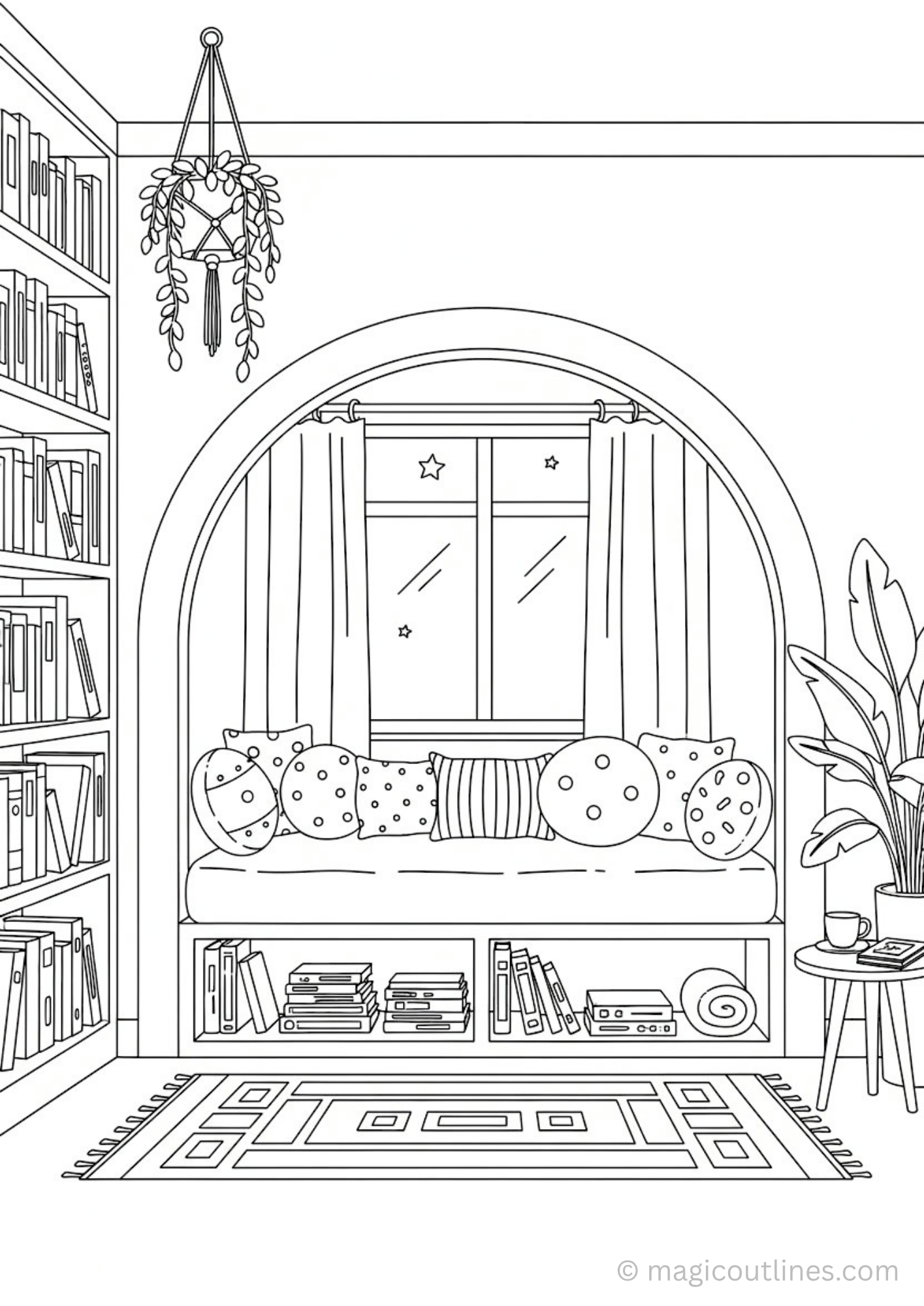 cozy reading nook coloring page with bookshelves window seat cushions and plants