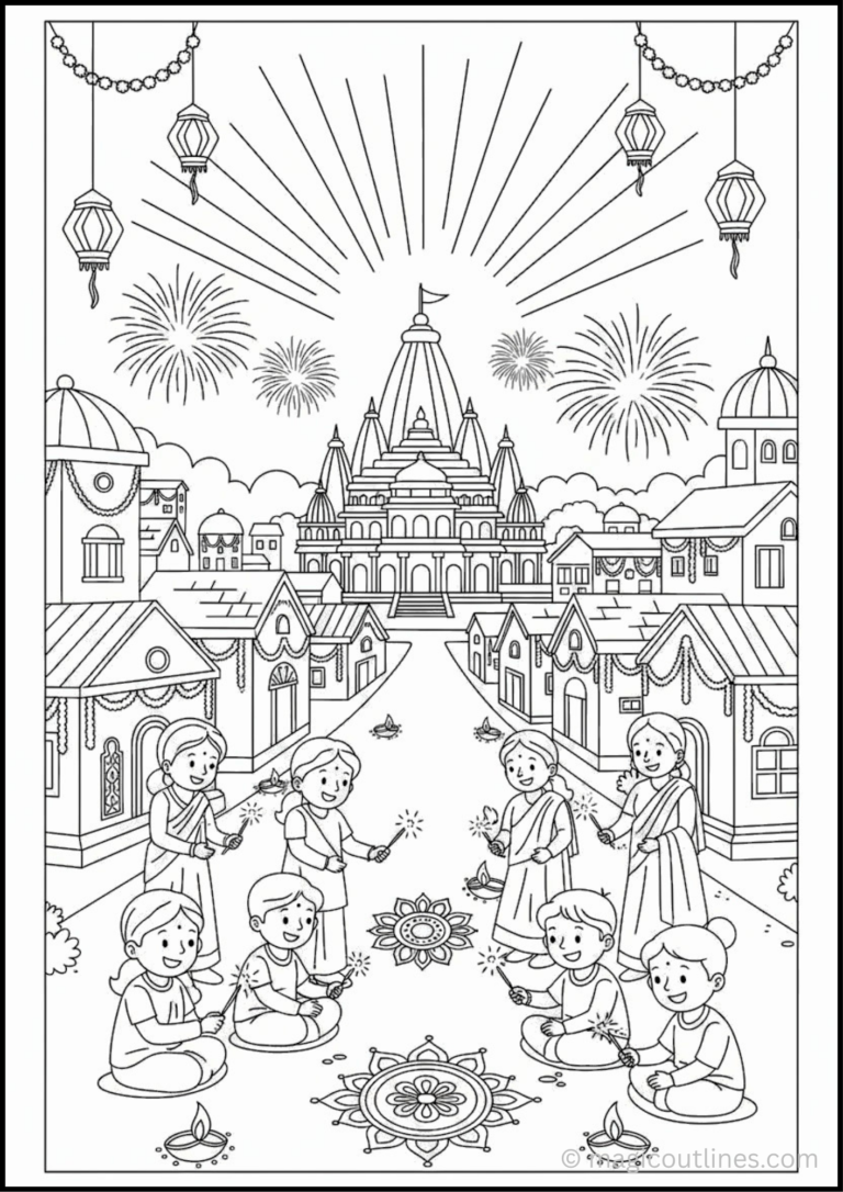 Diwali Festival Coloring Page with children, diyas, rangoli, fireworks, decorated homes, and festive lanterns