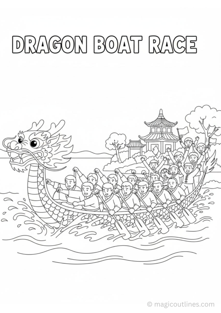 Dragon Boat Festival coloring page with dragon boat race, paddlers, river waves, and zongzi dumplings