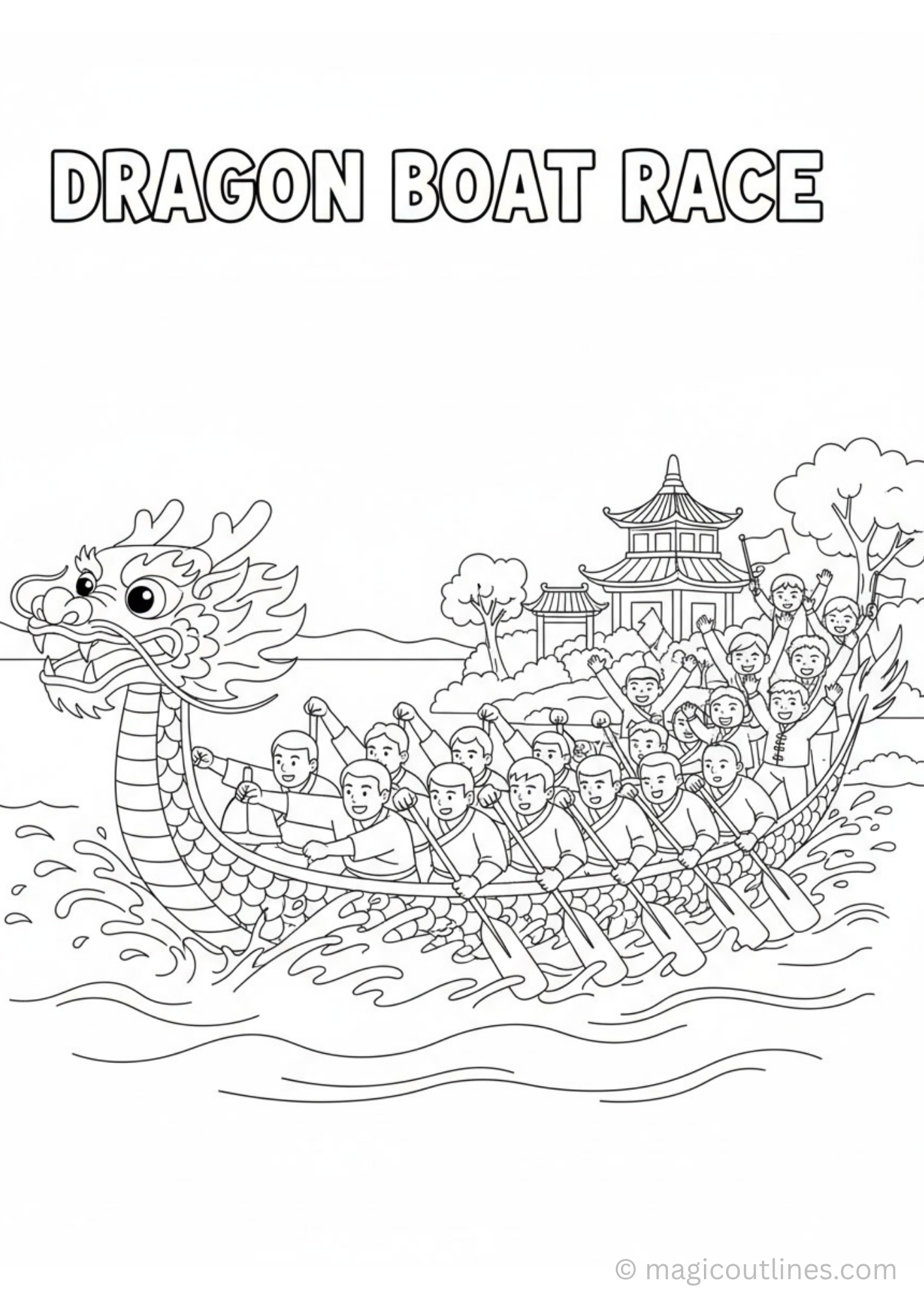 Dragon Boat Festival coloring page with dragon boat race, paddlers, river waves, and zongzi dumplings