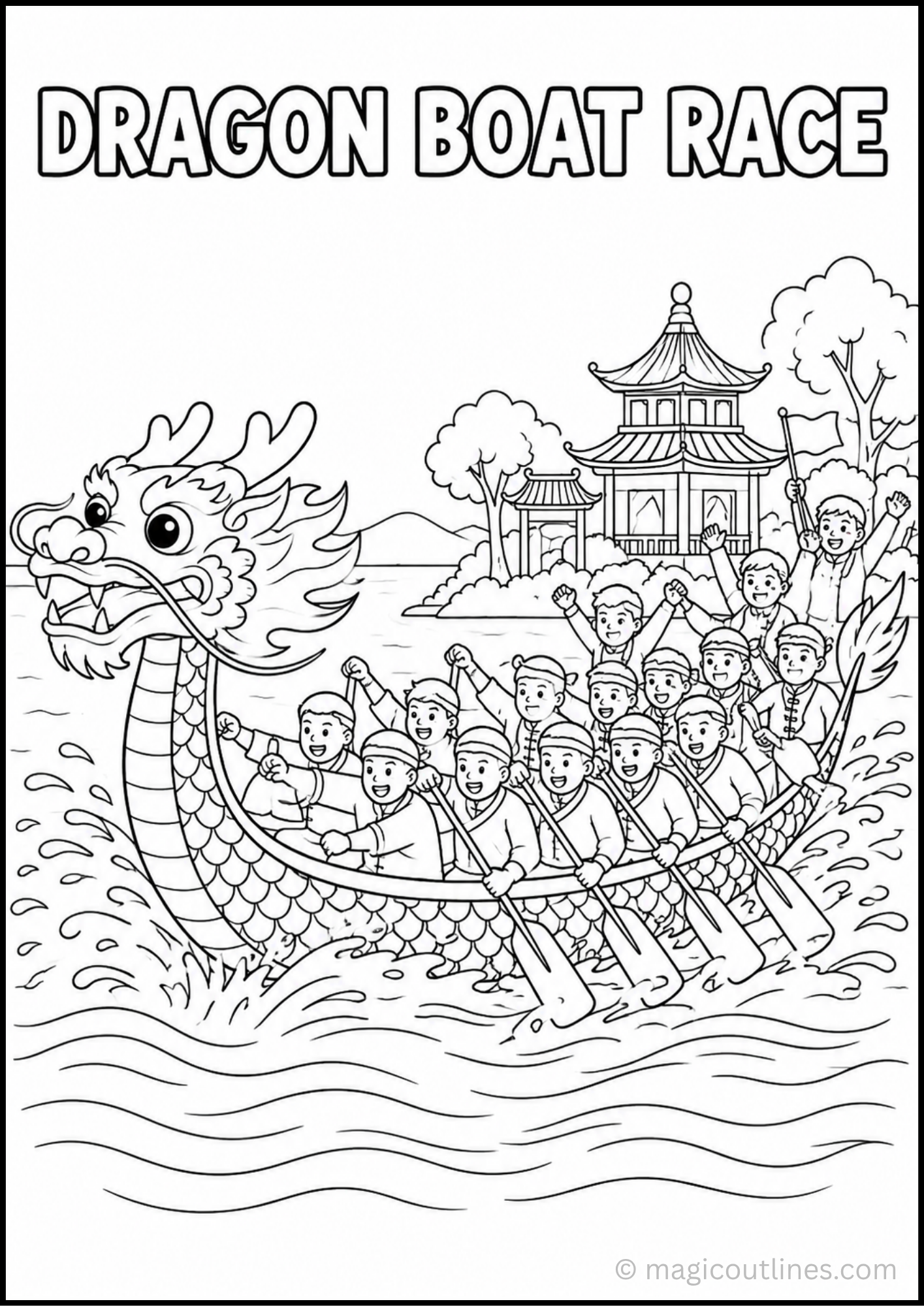 Dragon Boat Race Coloring Page (Free Printable PDF) showing a decorated dragon boat, rowers, cheering people, waves, trees, hills, and a traditional Asian pavilion.