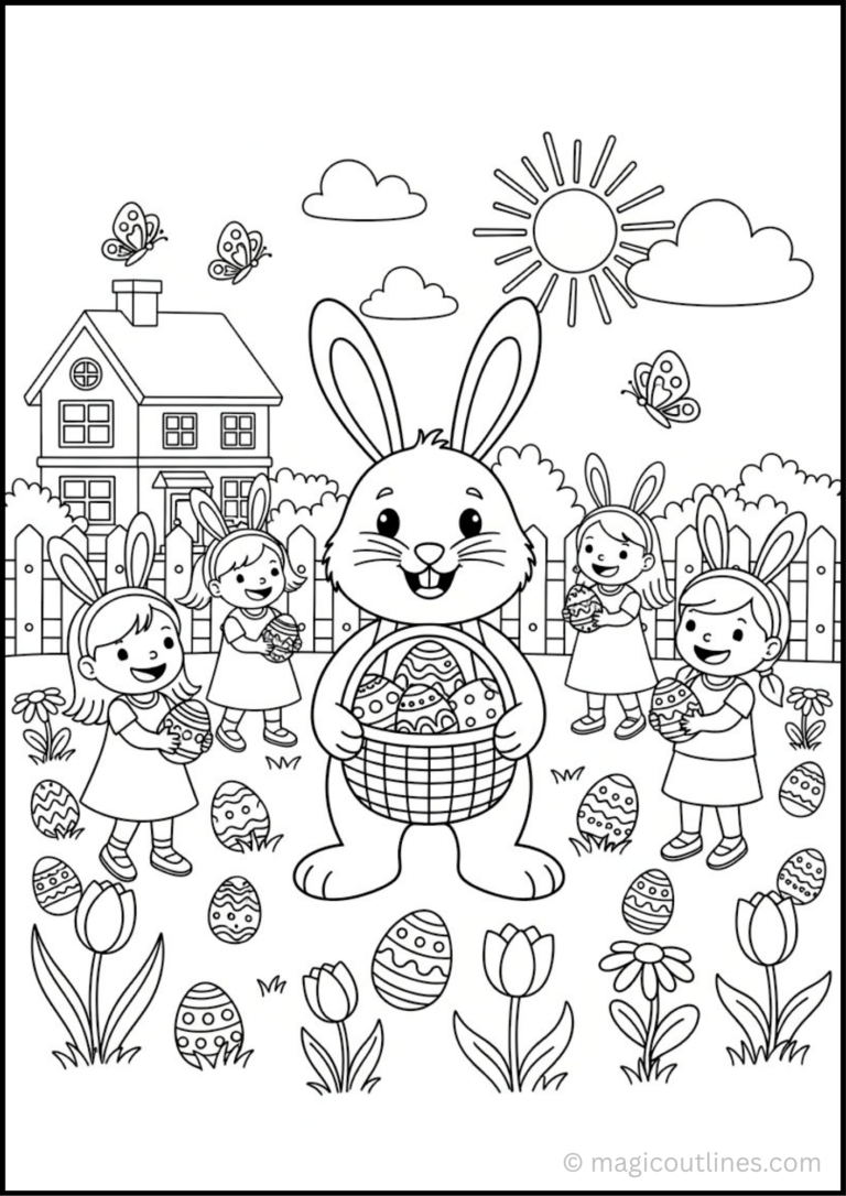 Easter Egg Hunt Coloring Page (Free Printable PDF) featuring decorated Easter eggs, children, baskets, flowers, and a fun outdoor egg hunt scene.