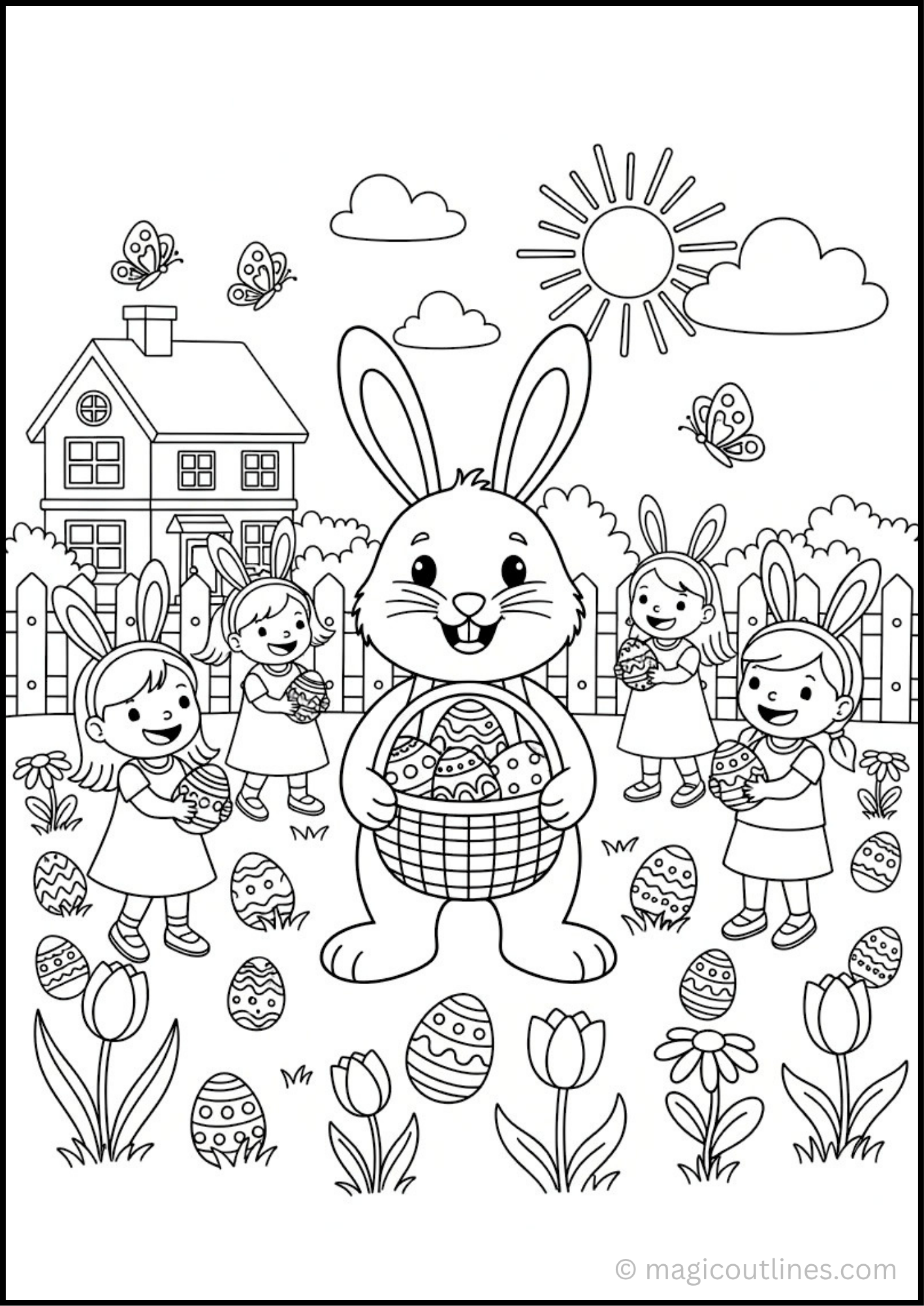 Easter Egg Hunt Coloring Page (Free Printable PDF) featuring decorated Easter eggs, children, baskets, flowers, and a fun outdoor egg hunt scene.