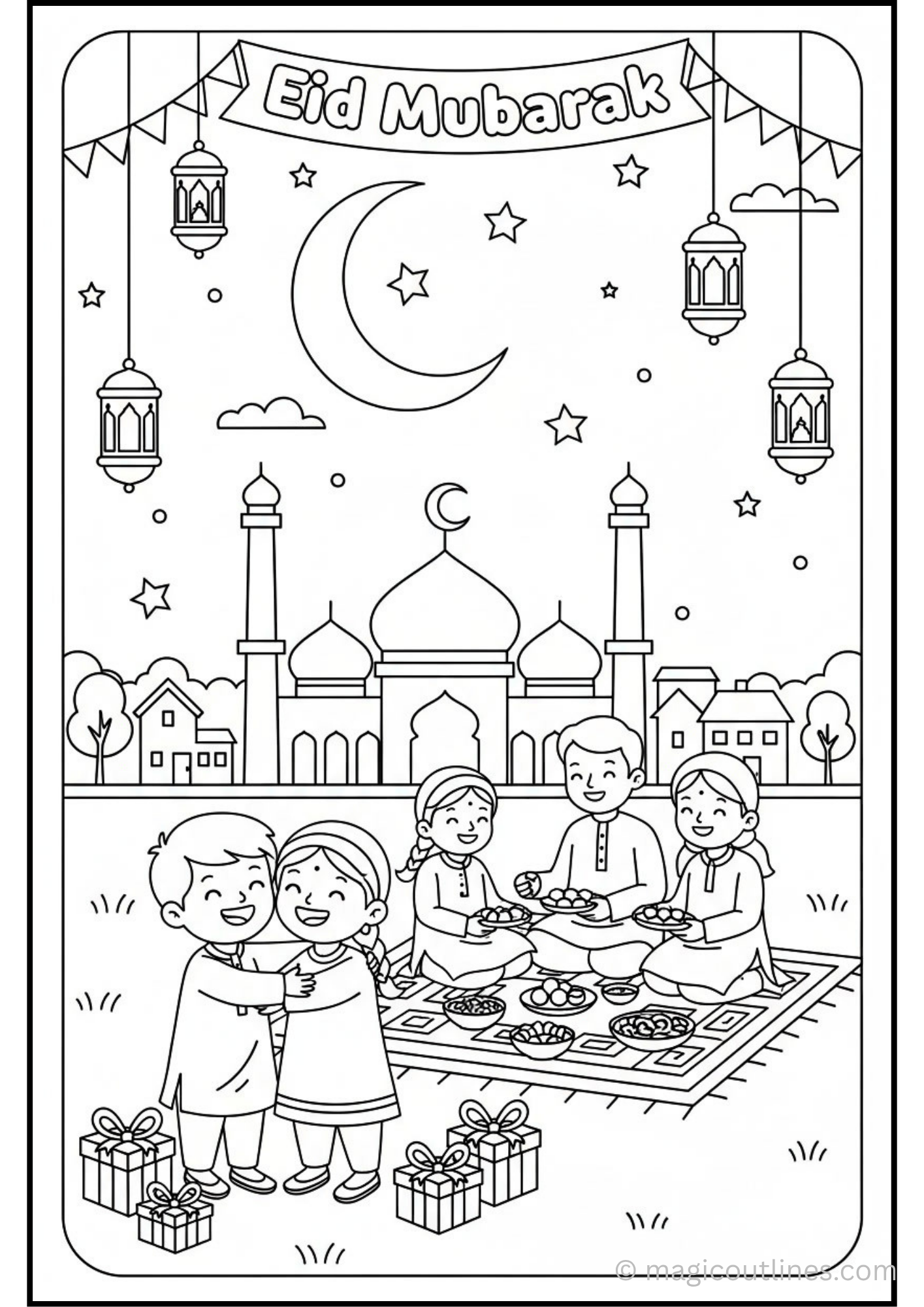 Eid al-Fitr Coloring Page with mosque, crescent moon, lanterns, family, gifts, and Eid Mubarak banner