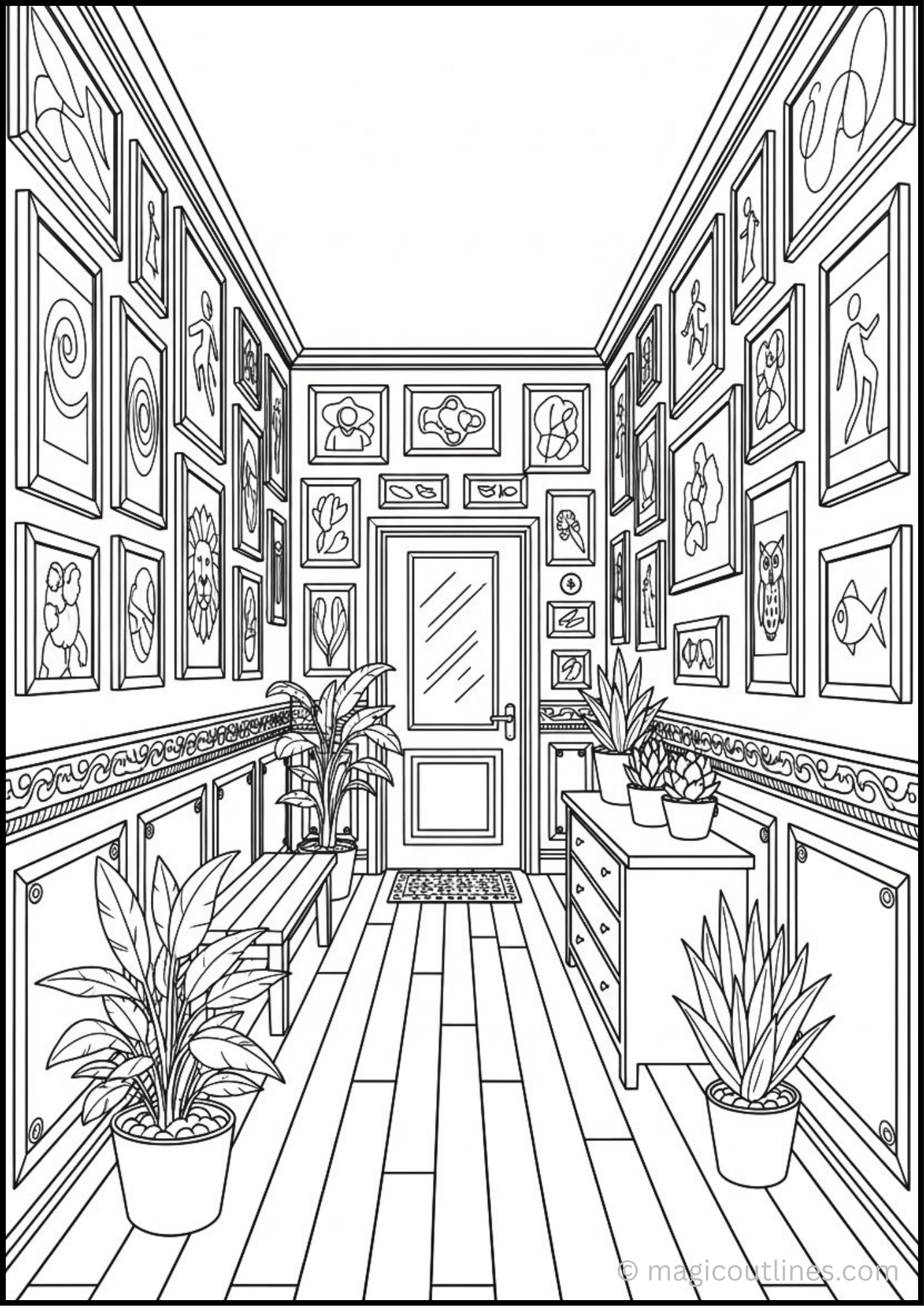 Elegant foyer hallway coloring page featuring gallery wall art, indoor plants, wooden flooring, and stylish home décor.