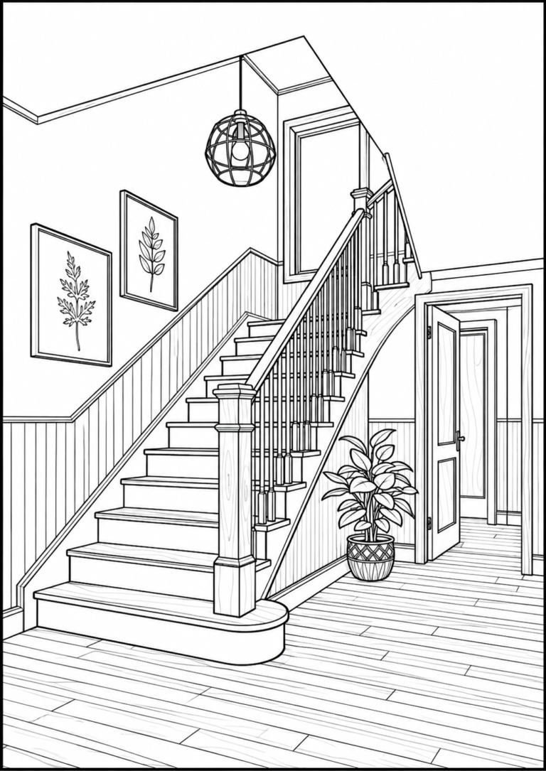 Elegant home staircase coloring page featuring wooden stairs, hallway, framed artwork, indoor plants, hanging light, and modern home décor.