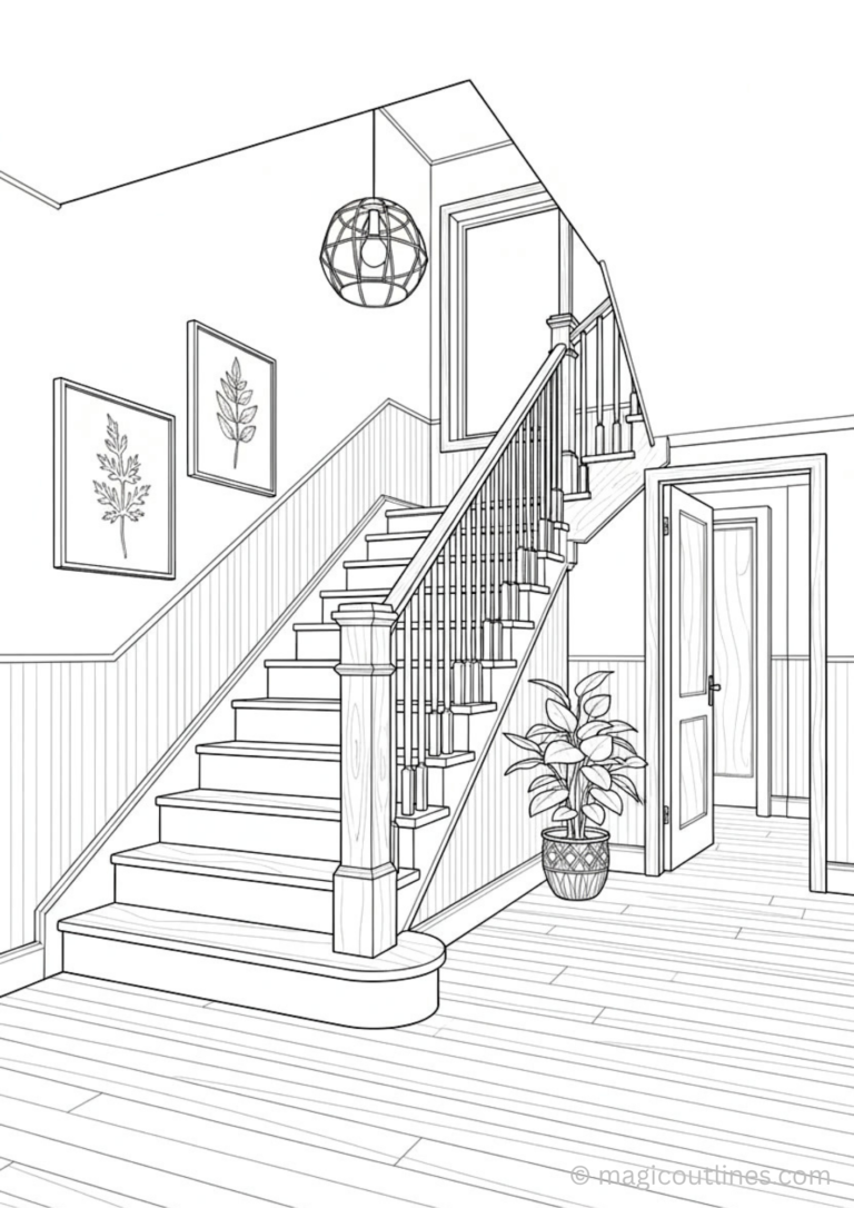 staircase interior coloring page for kids with wall art and plants