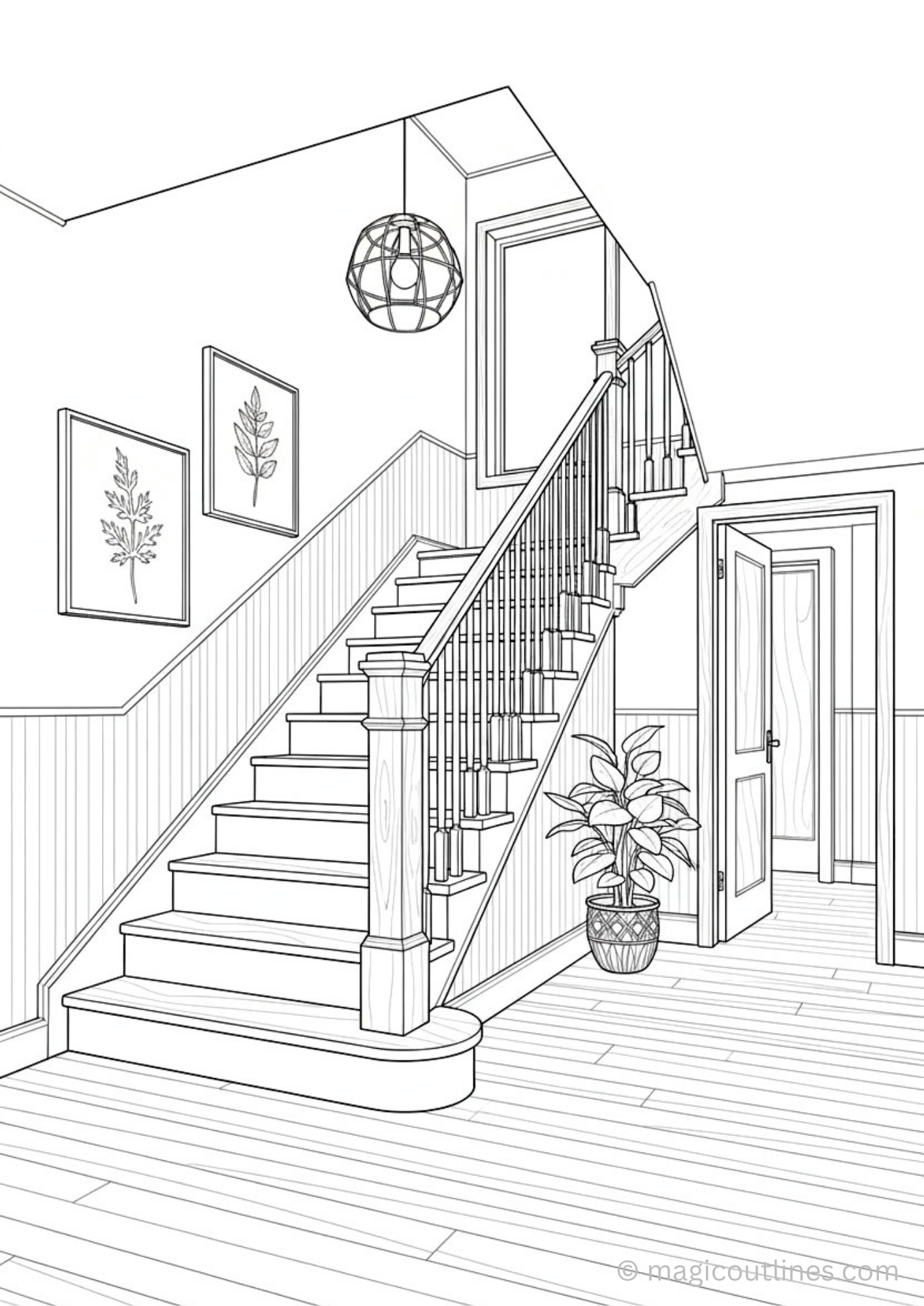 staircase interior coloring page for kids with wall art and plants