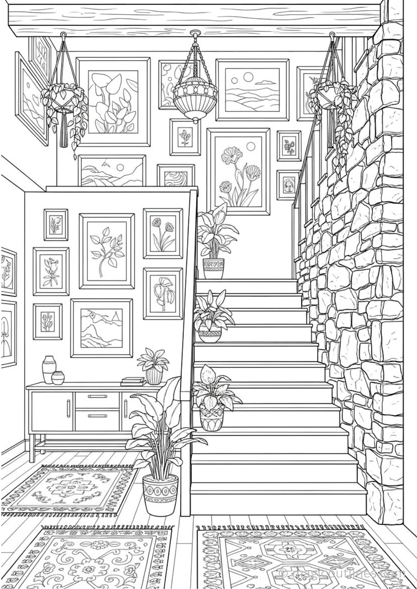staircase interior coloring page with wall art plants and home decor