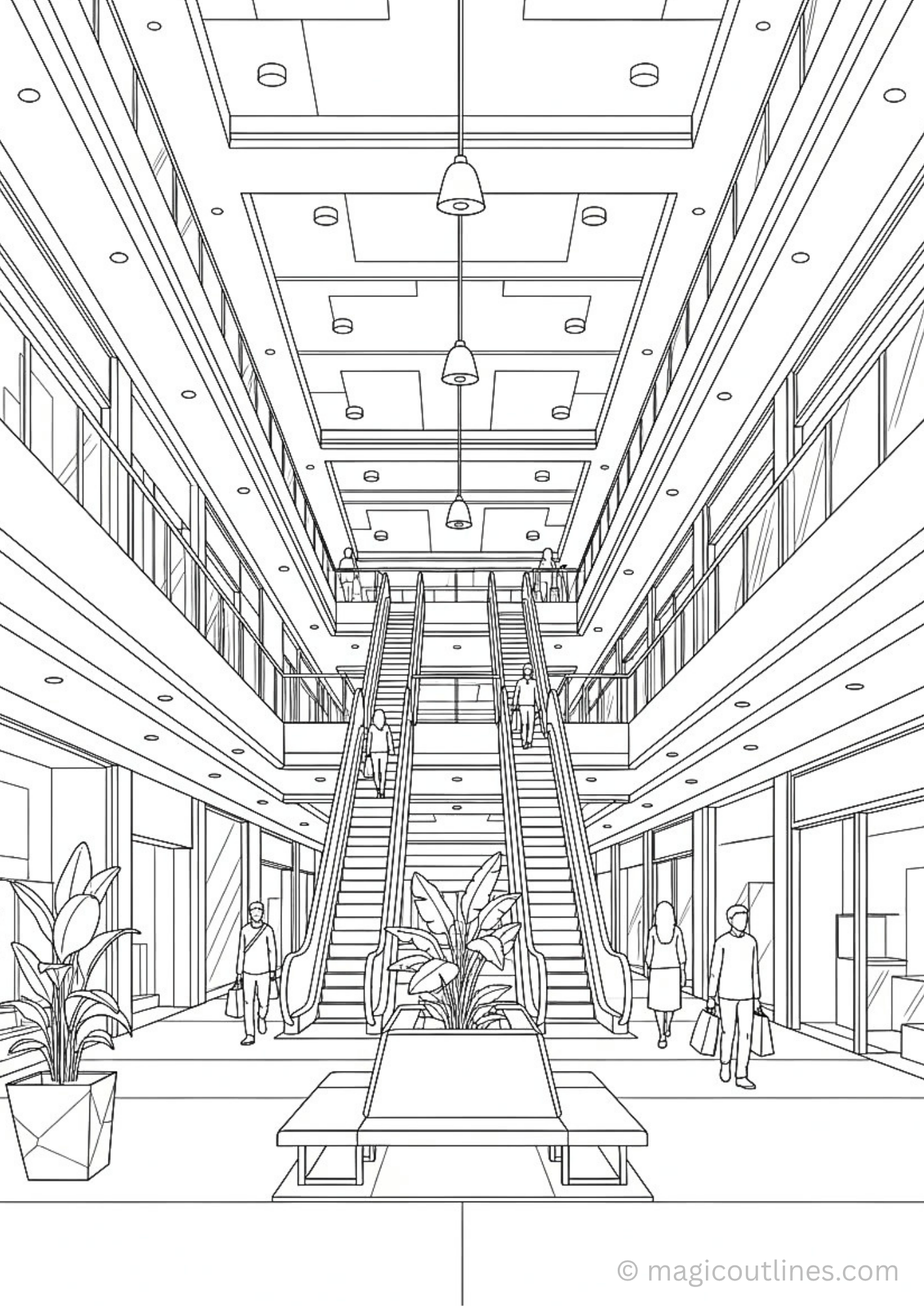 Escalators Going Up and Down Coloring Page (Free Printable PDF)