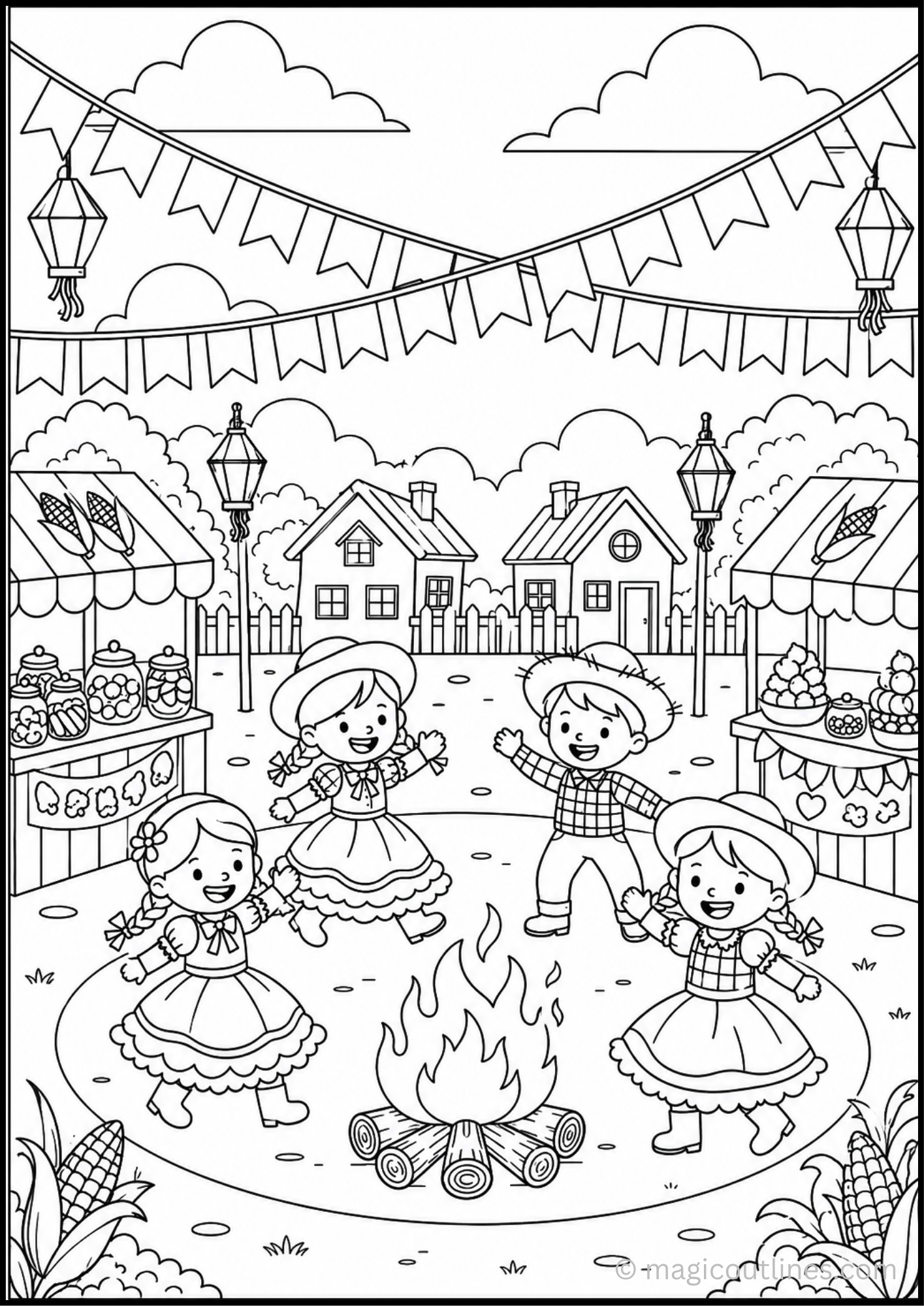 Hanami Festival Coloring Page featuring four women enjoying a picnic under blooming cherry blossom trees in Japan