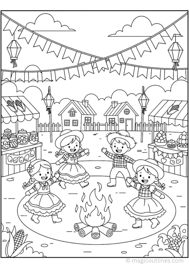 festa junina coloring page kids bonfire festival printable