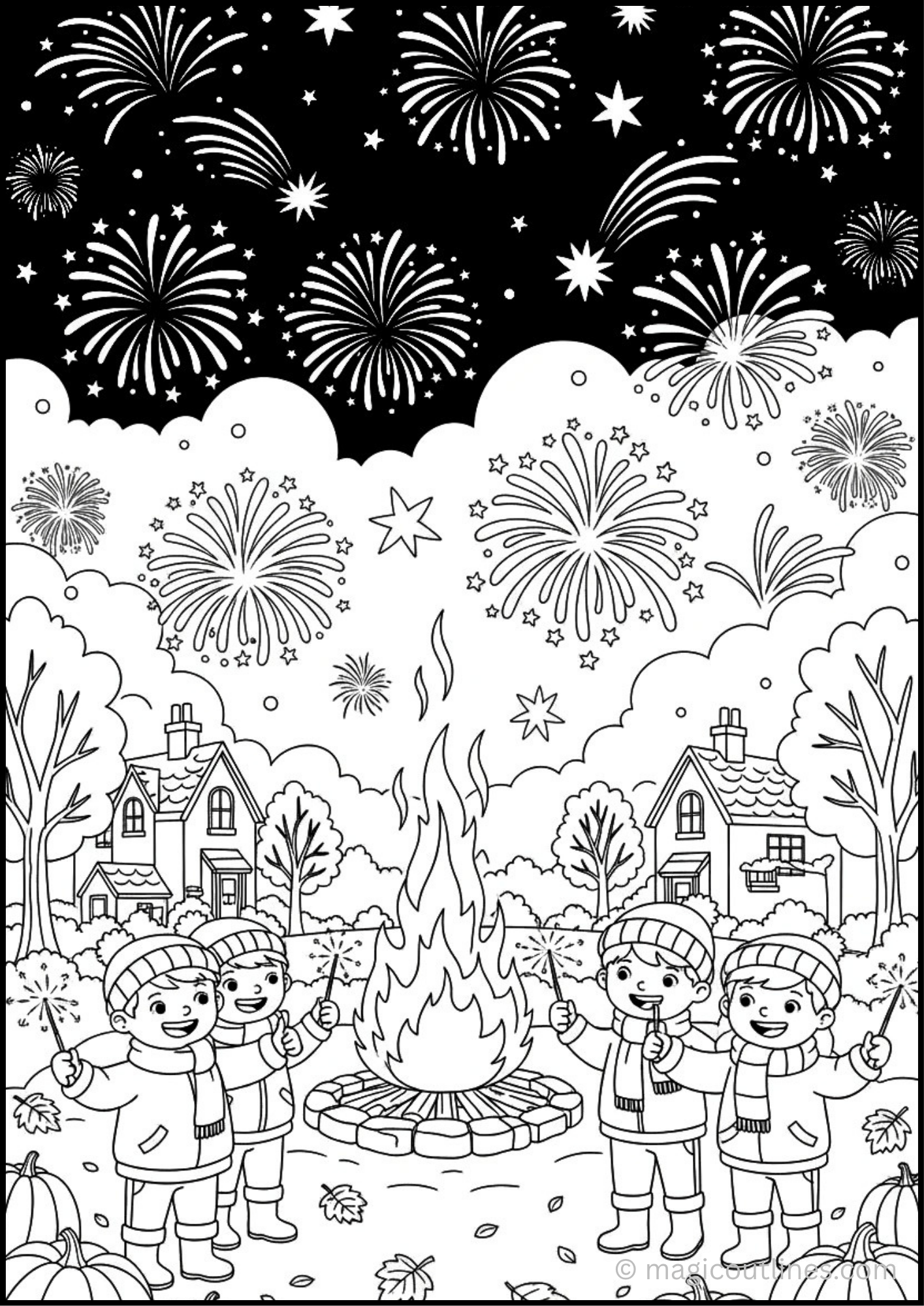 Guy Fawkes Night Coloring Page (Free Printable PDF) featuring children celebrating around a bonfire with fireworks, sparklers, autumn leaves, pumpkins, and houses.