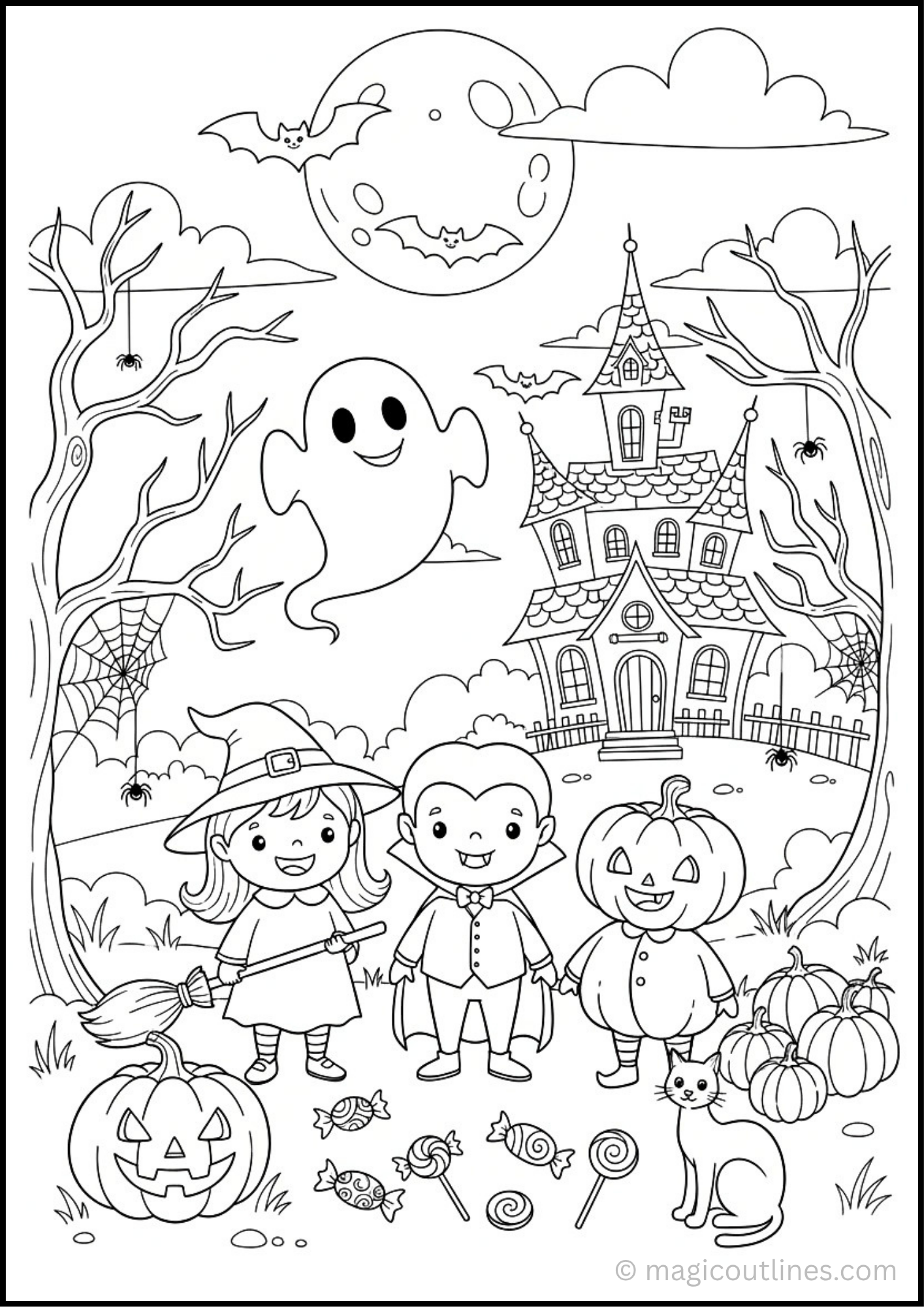 Halloween night coloring page with a haunted house, cute ghost, witch, vampire, pumpkins, bats, spiders, and black cat