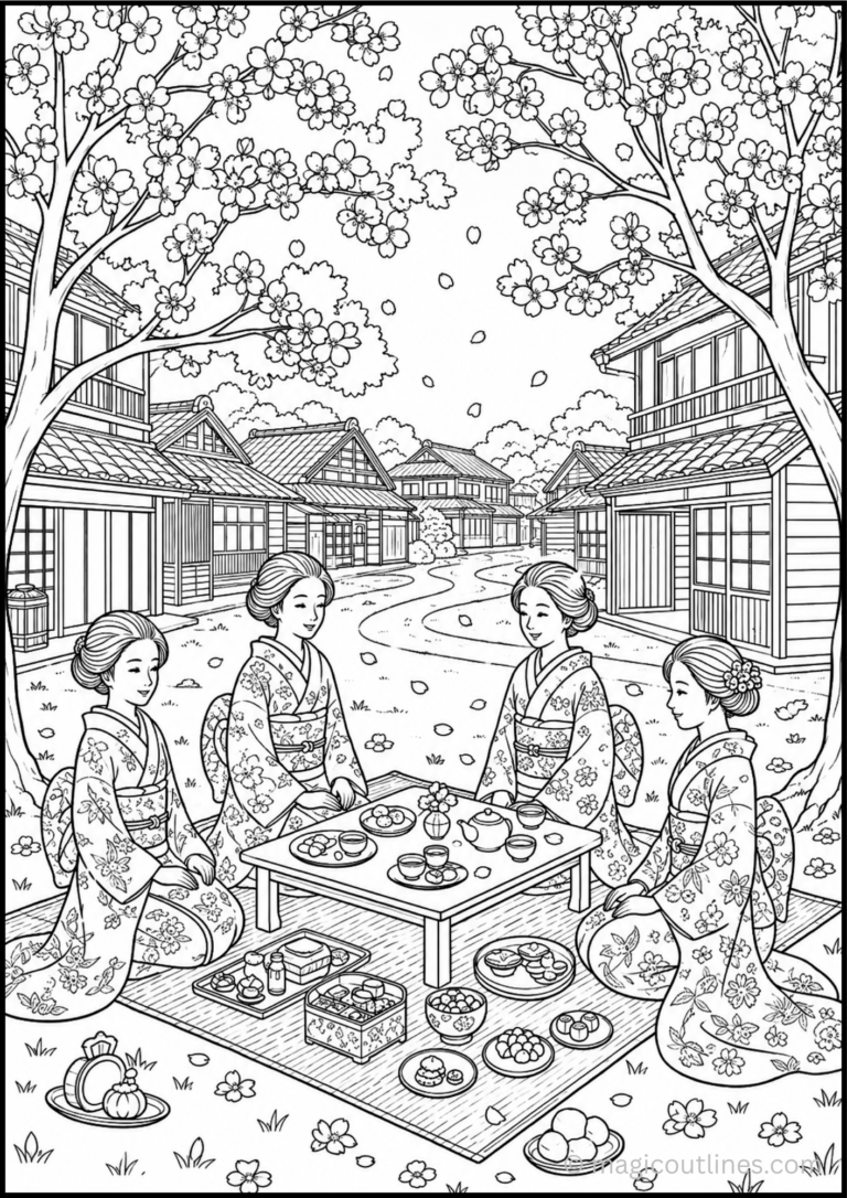 Hanami Festival Coloring Page featuring four women in traditional Japanese kimonos enjoying a picnic under blooming cherry blossom trees.