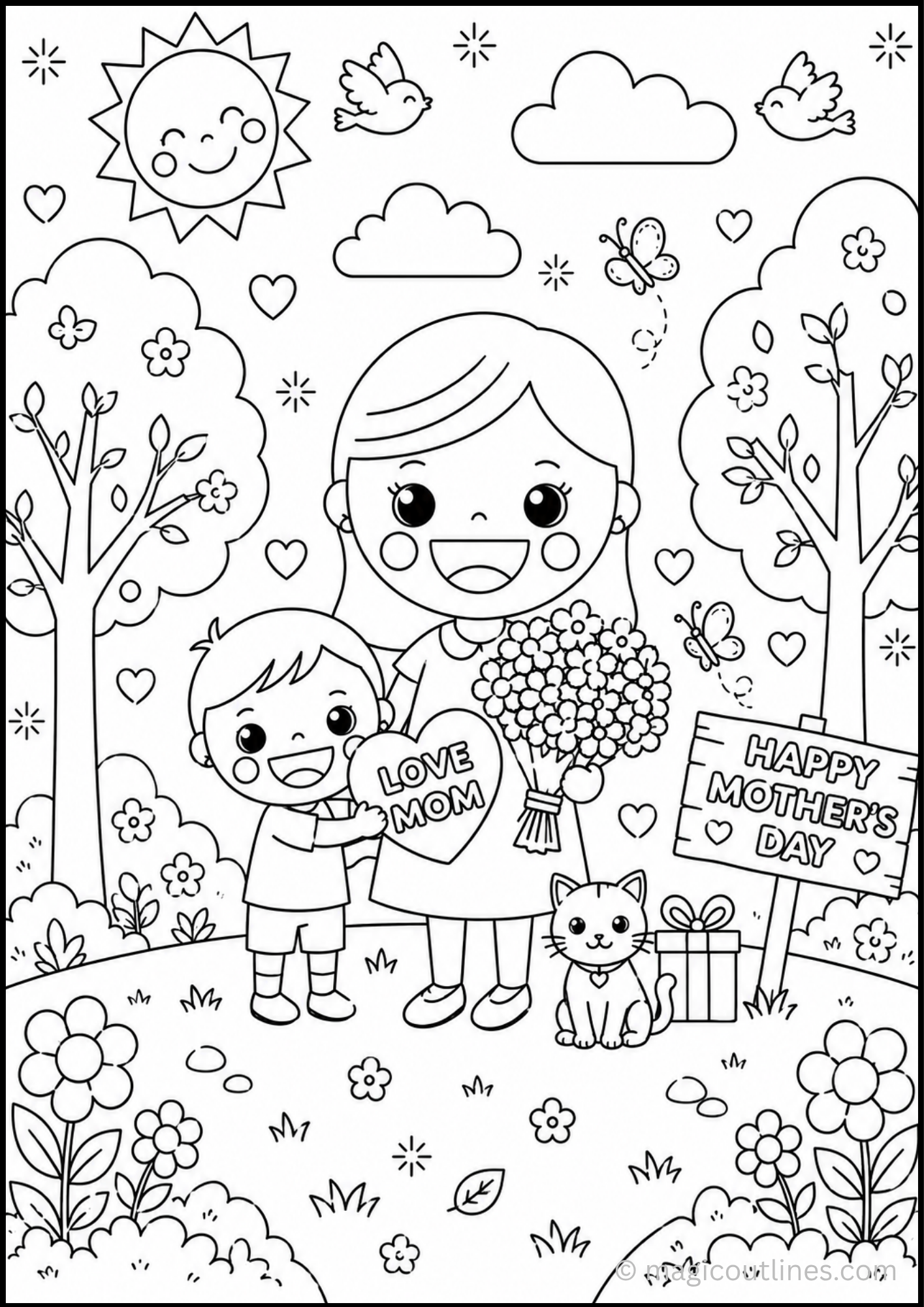 Happy Mother’s Day coloring page with a mother and child, flowers, hearts, butterflies, a cat, and a gift.