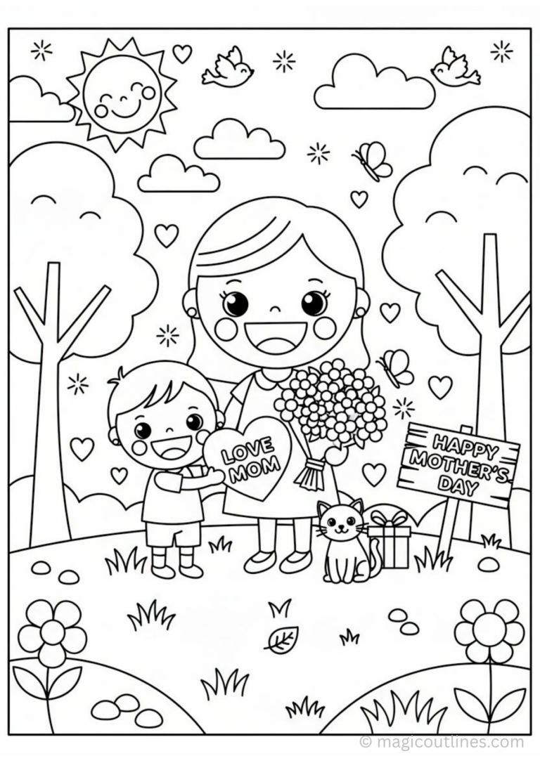Cute Mother’s Day coloring page with mom and child holding heart, flowers, cat, and happy nature background