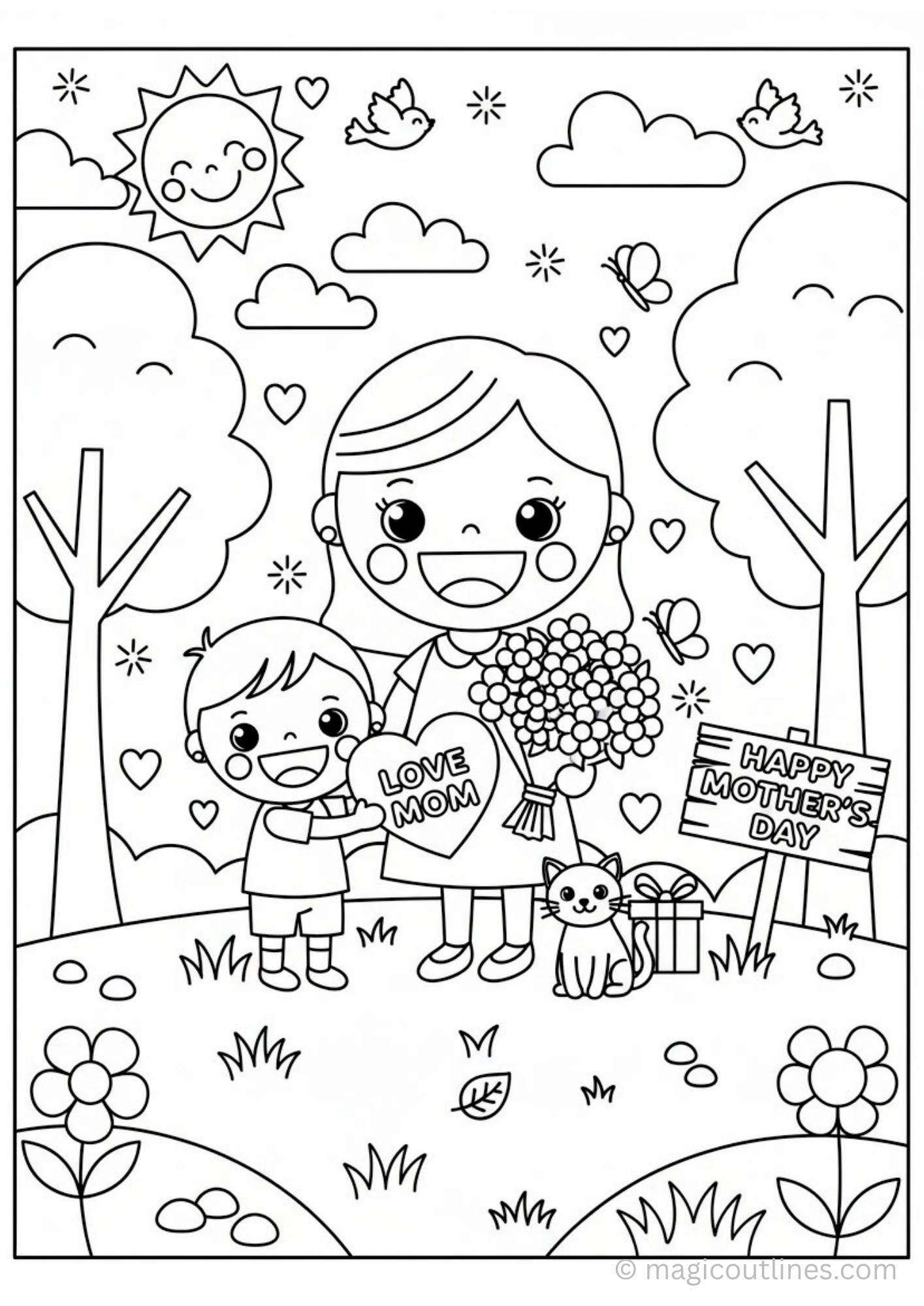 Cute Mother’s Day coloring page with mom and child holding heart, flowers, cat, and happy nature background