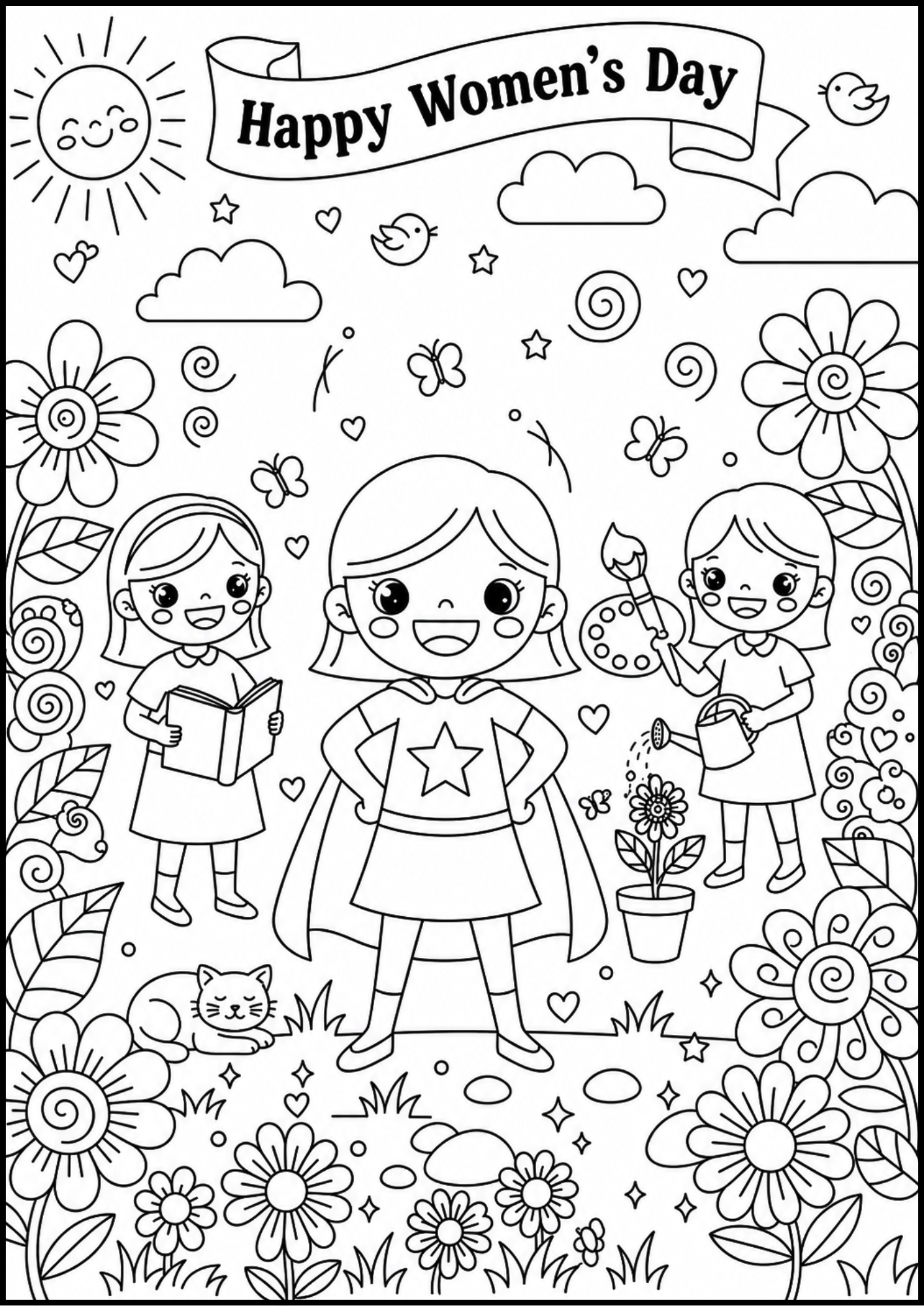 Happy Women’s Day coloring page featuring three girls, flowers, a superhero girl, and a festive banner
