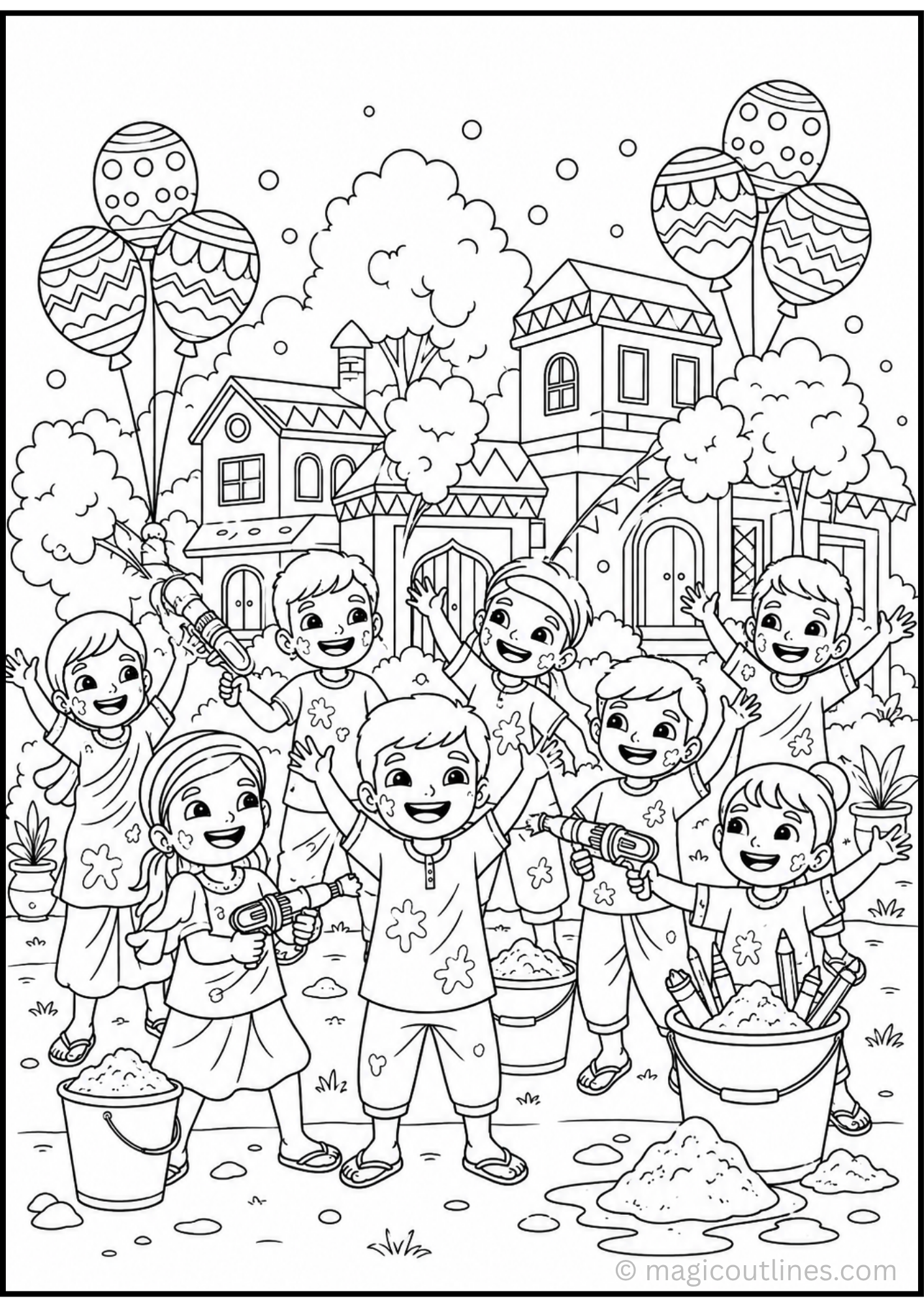 Holi Festival Coloring Page featuring happy children with pichkaris, colorful balloons, buckets, and festive village houses