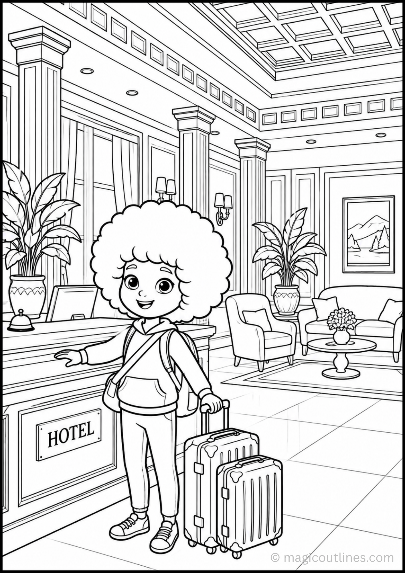 Hotel reception coloring page showing a child with luggage inside a beautiful hotel lobby
