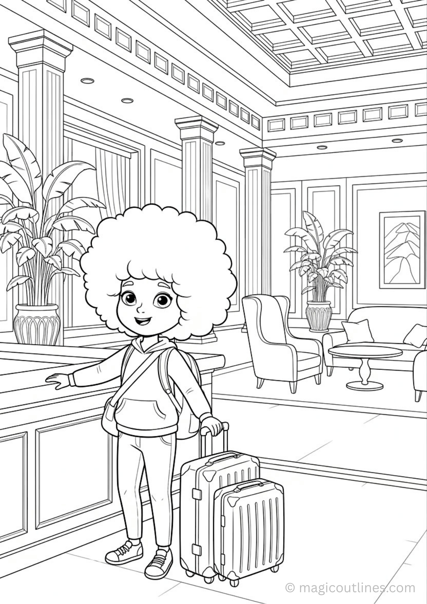 hotel reception coloring page with kid traveler and luggage at check in desk