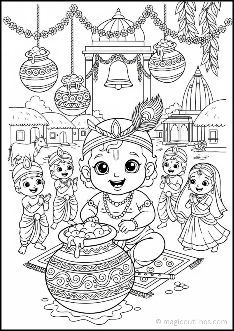 Janmashtami Coloring Page (Free Printable PDF) featuring cute Lord Krishna with children, decorated pots, temple, peacock feather, garlands, and a festive village scene.