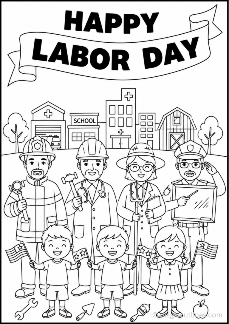 Labor Day Coloring Page (Free Printable PDF) featuring community workers, children holding flags, a Labor Day banner, school, hospital, fire station, barn, and work tools.