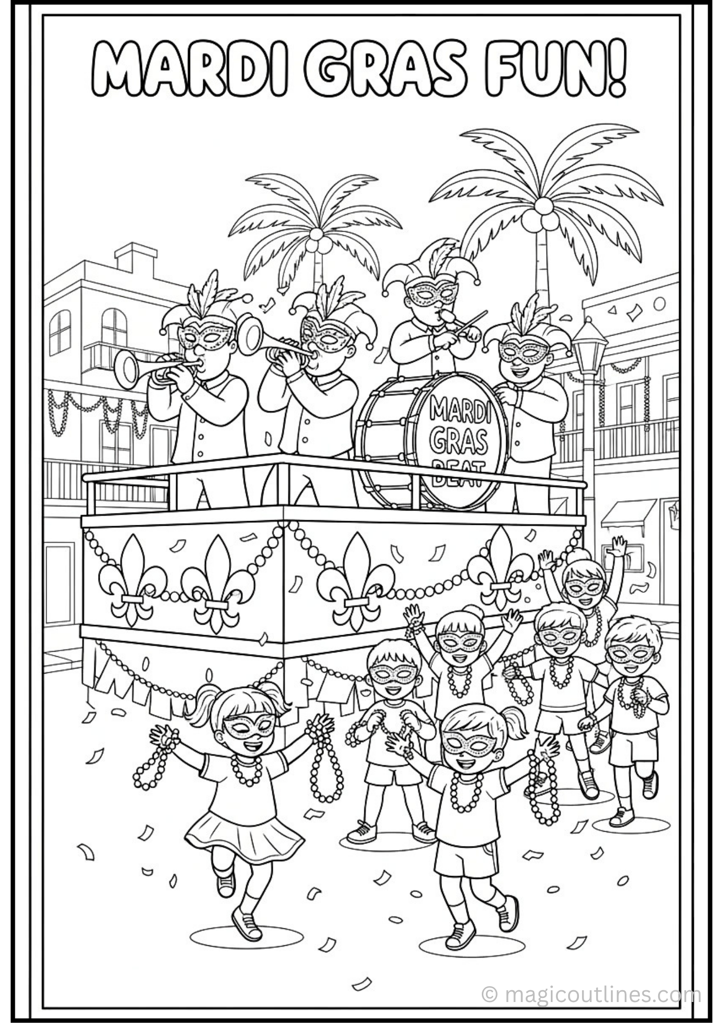 Mardi Gras parade coloring page with decorated float, masked musicians, children, beads, palm trees, and festive decorations