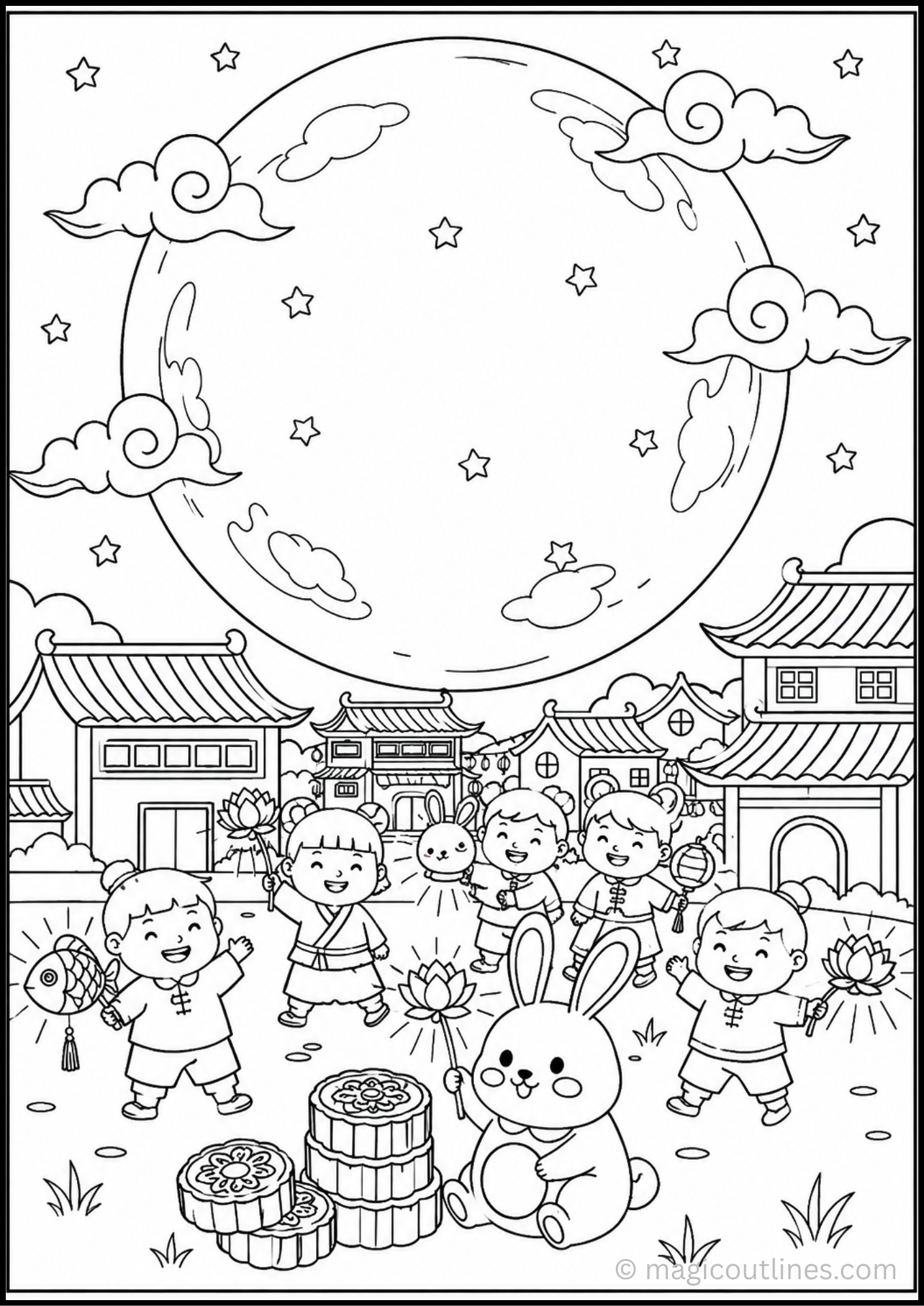 Mid-Autumn Festival Coloring Page (Free Printable PDF) featuring children celebrating under a large full moon with lanterns, traditional buildings, a rabbit, lotus flowers, and mooncakes.