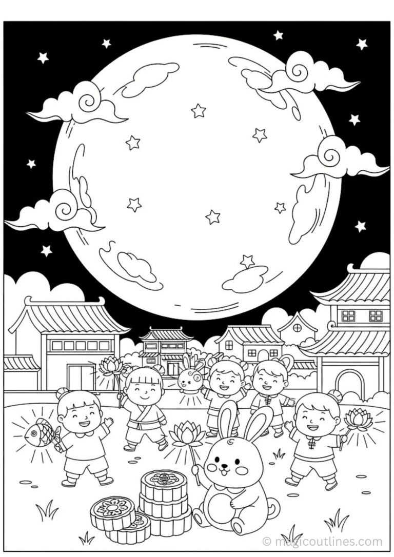 Mid-Autumn Chinese Festival Coloring Page with moon lanterns kids and rabbit