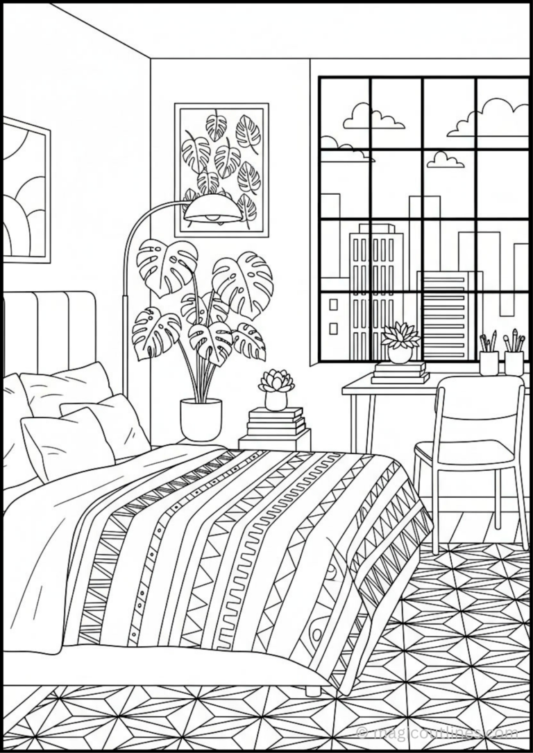 Modern city view bedroom coloring page with cozy bed, study desk, indoor plants, large window, and city skyline in a free printable PDF.