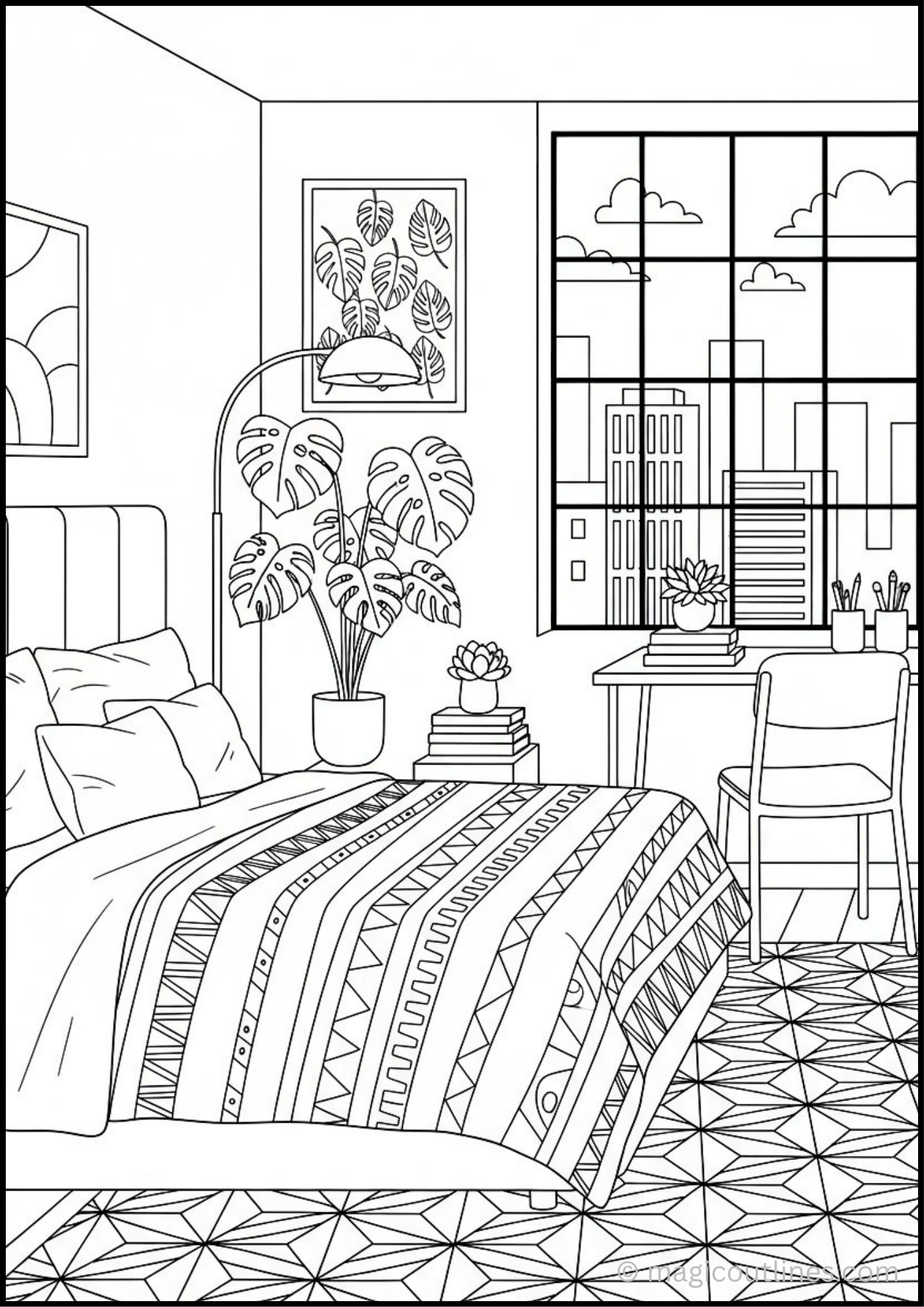 Modern city view bedroom coloring page with cozy bed, study desk, indoor plants, large window, and city skyline in a free printable PDF.