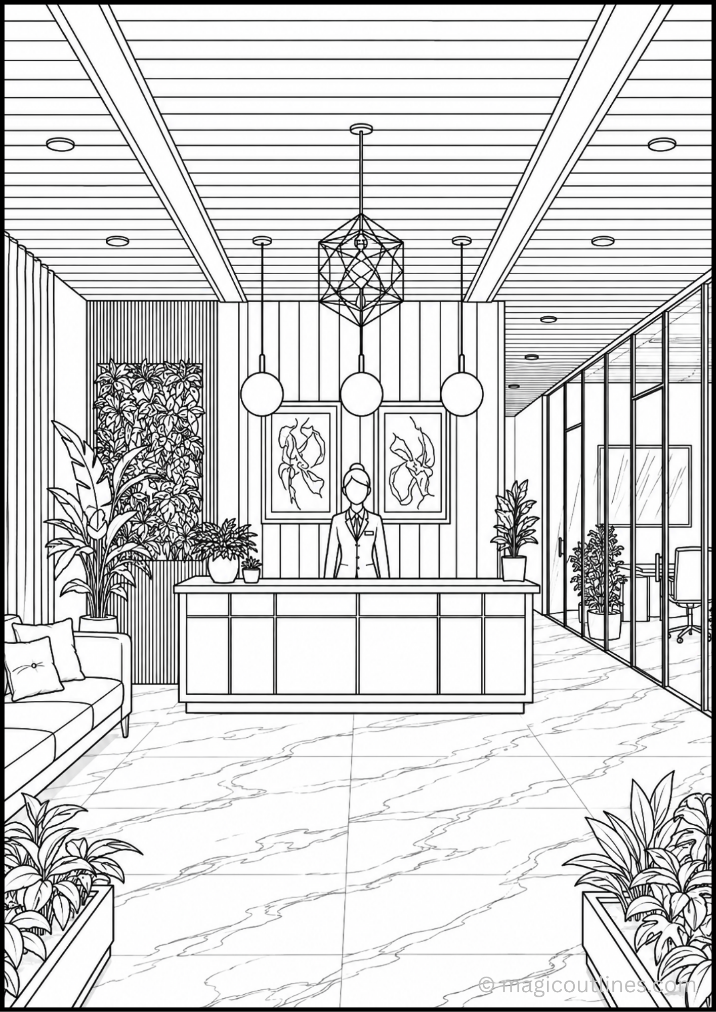Modern Reception Area Coloring Page featuring a stylish reception desk, indoor plants, pendant lights, glass office walls, and a welcoming lobby.